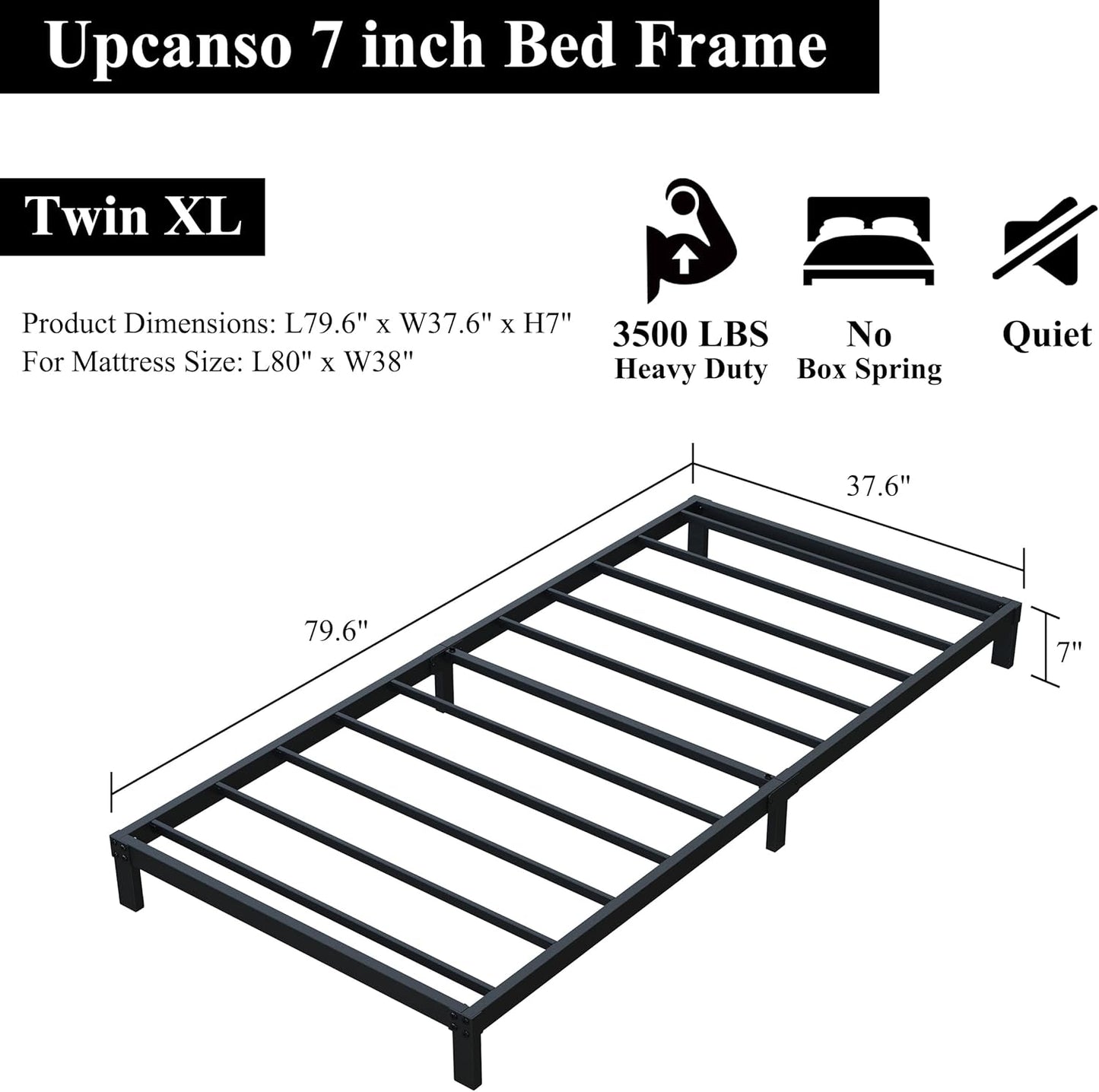 7 Inch XL Twin Bed Frames No Box Spring Need, Low Profile Metal Platform Twin XL Size Bed Frame, Heavy Duty Support Bedframes Twin XL, Easy Assembly