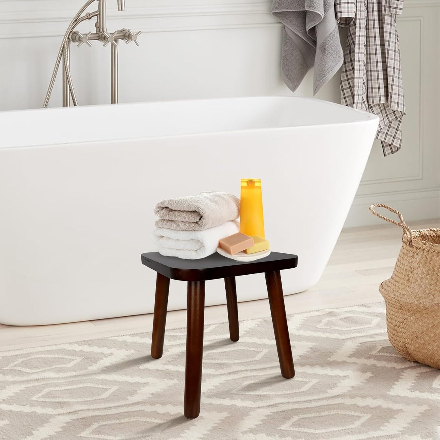 BEE&OAK Wooden Step Stools for Adults, Solid Rubber Wood Non-Slip Step Foot Stool, Heavy Duty 300 lbs One Step Stool for Bedroom, Bathroom, Kitchen,Outdoor (Dark-Walnut, 11" (D) x 11"(W) x 11.8"(H))