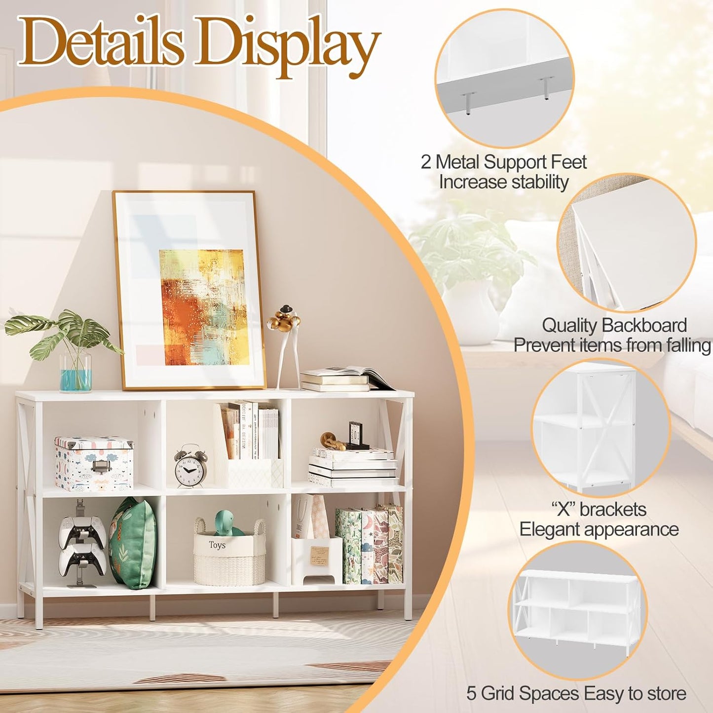 Horizontal Bookshelf Bookcase,6 Cube Storage Organizer with Open Shelf,47 Inch Industrial Low Wide Wood and Metal Cubby Shelf,Long Shelving Unit for Home Office Living Room(White,6 Cube)