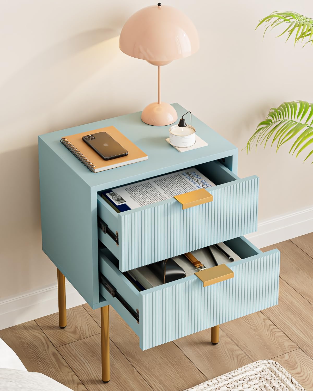 Nightstand,Morden Bedside Table with Gold Frame,Small White Night Stand,End Table,Bedside Furniture,Side Table with Drawer and Shelf for Bedroom,Living Room (2Drawers, Blue)