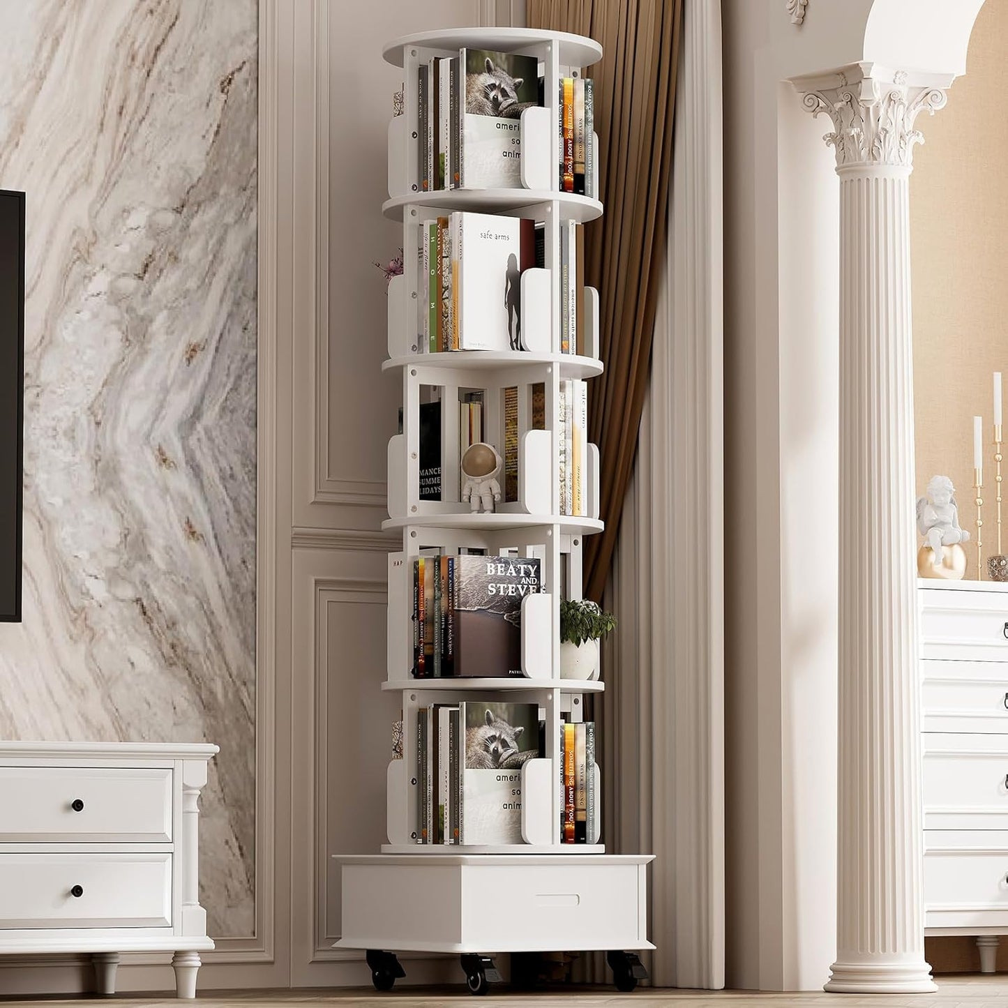 Solid Wood Rotating Bookshelf Tower, 5 Tier Spinning Bookcase with Drawer, 72" Floor Standing Revolving Bookshelf on Wheels, Corner Bookcase for Small Space, White