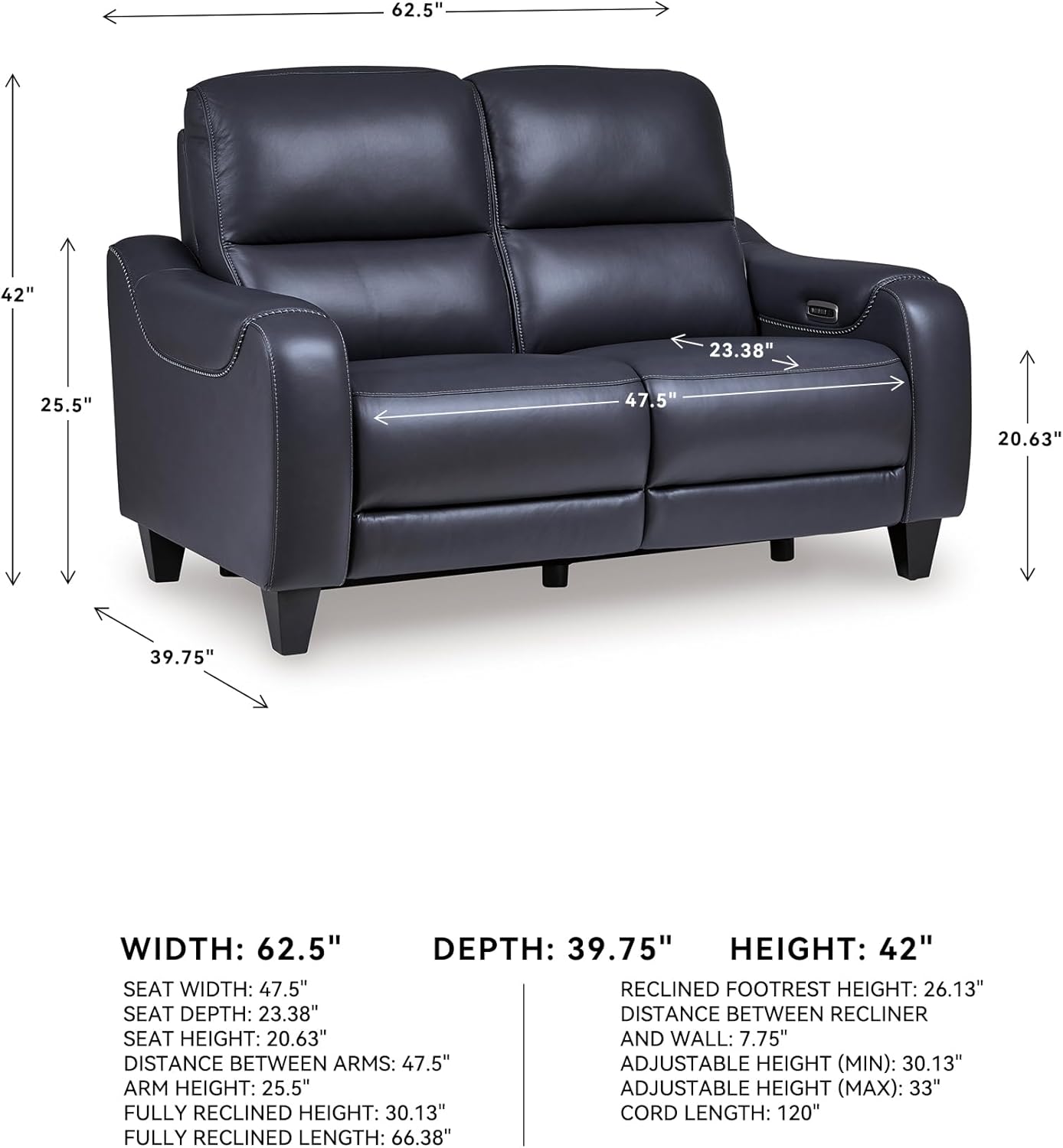Signature Design by Ashley Mercomatic Contemporary Leather Match Wall Hugger Power Reclining Loveseat with Adjustable Headrest and USB Ports, Blue