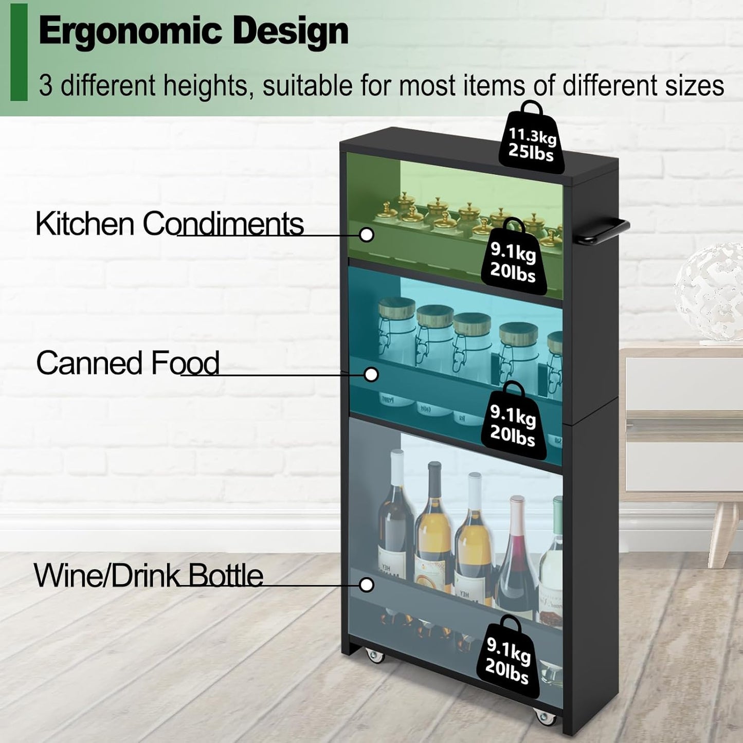 MARTY Slim Rolling Storage Cart 4-Tier Kitchen Cart with Wheels, Laundry Room Storage with Handle Slide Out Utility Cart Shelving Unit Organizer Trolley for Narrow Places Bathroom Small Corner, Black