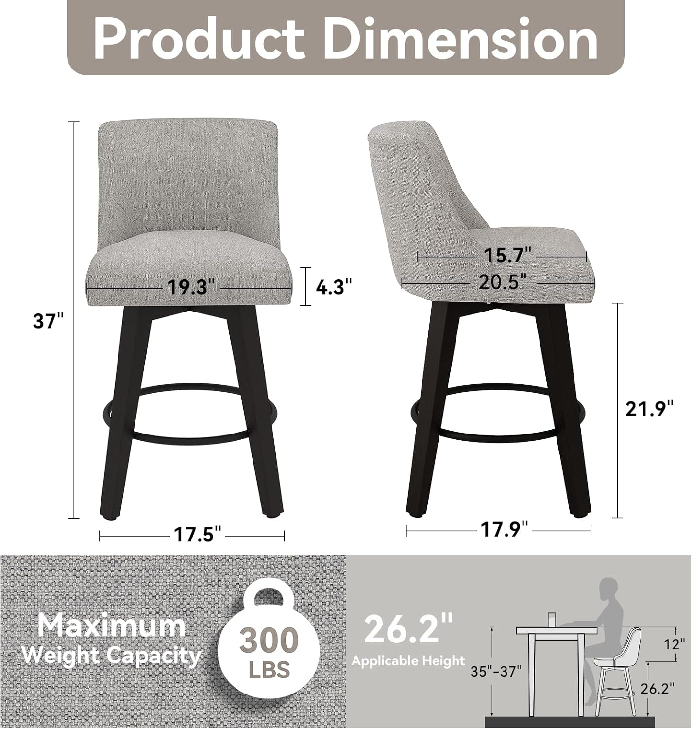 26.8 Inch Counter Height Bar Stools with Back, Swivel Bar Stools Set of 2, Modern Kitchen Barstools with Footrest, Linen Upholstered Bar Chairs, Solid Wood Legs for Island, Pub, Light Grey
