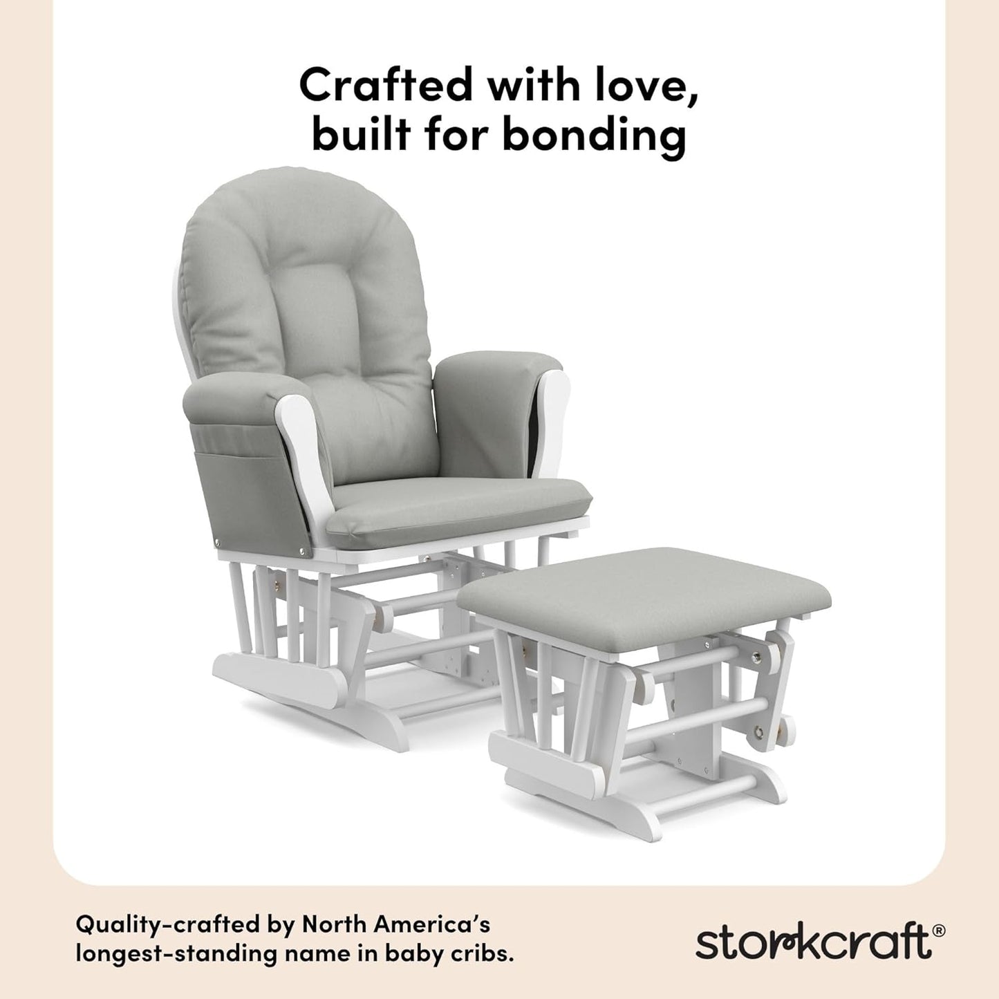 Storkcraft Premium Hoop Glider & Ottoman (White/Light Gray) — GREENGUARD Gold Certified Nursery Glider, Solid Wood Craftsmanship, Smooth-Gliding Nursery Chair and Ottoman, Award-Winning