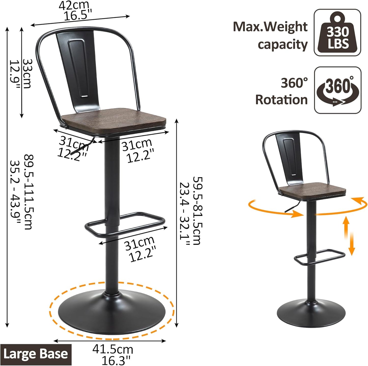 Finnhomy Bar Stools Set of 2 Counter Height, Swivel Barstools with Footrest and L Shape Metal Back, Adjustable Modern Bar Chairs, Modern Design for Kitchen, Black