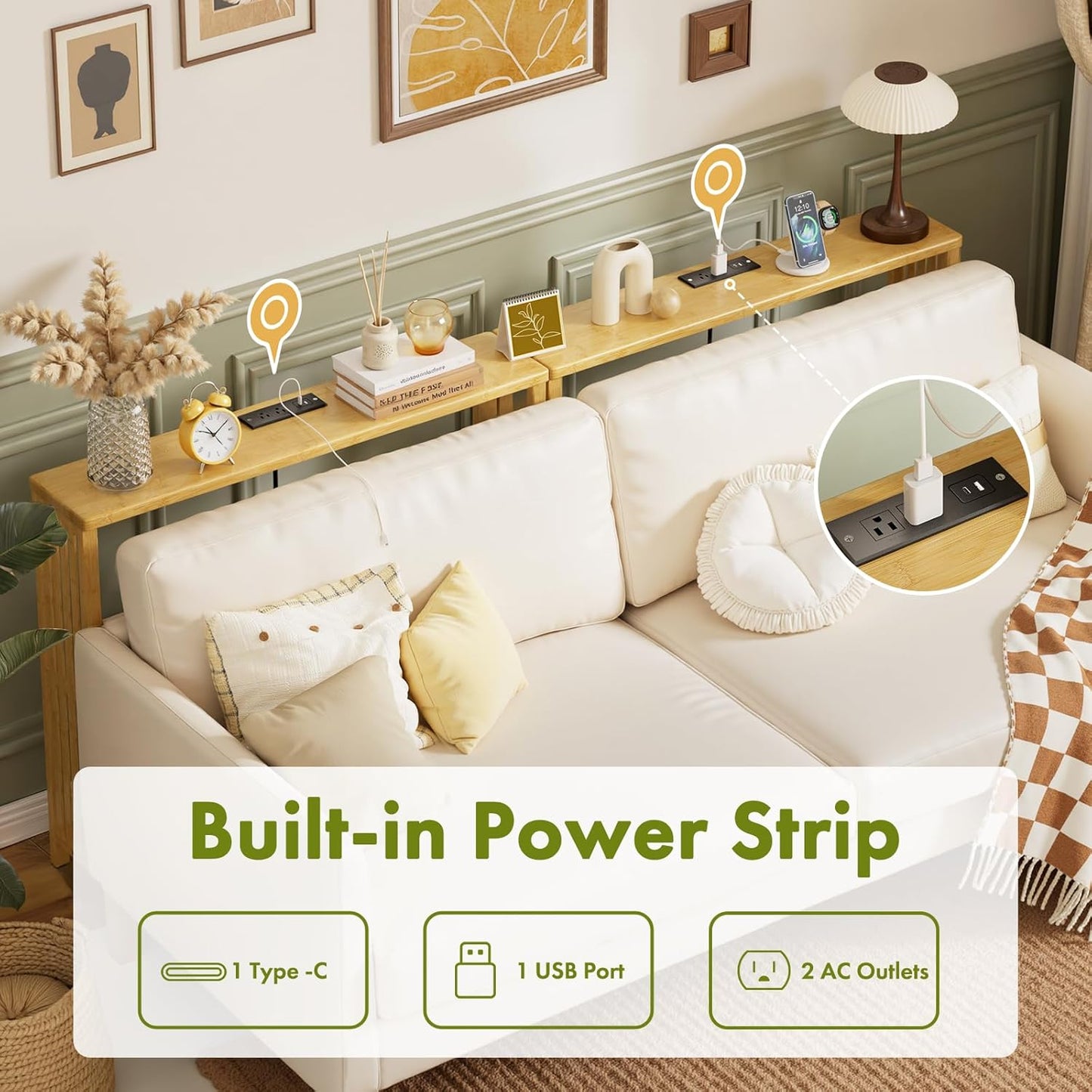 2 Pack Narrow Console Table Bamboo, 78.8" Long Entryway Tables with 2 Power Outlets and USB-C Ports, Couch Table Behind Sofa for Display, Hallway, Living Room, Bedroom, Foyer, Natural