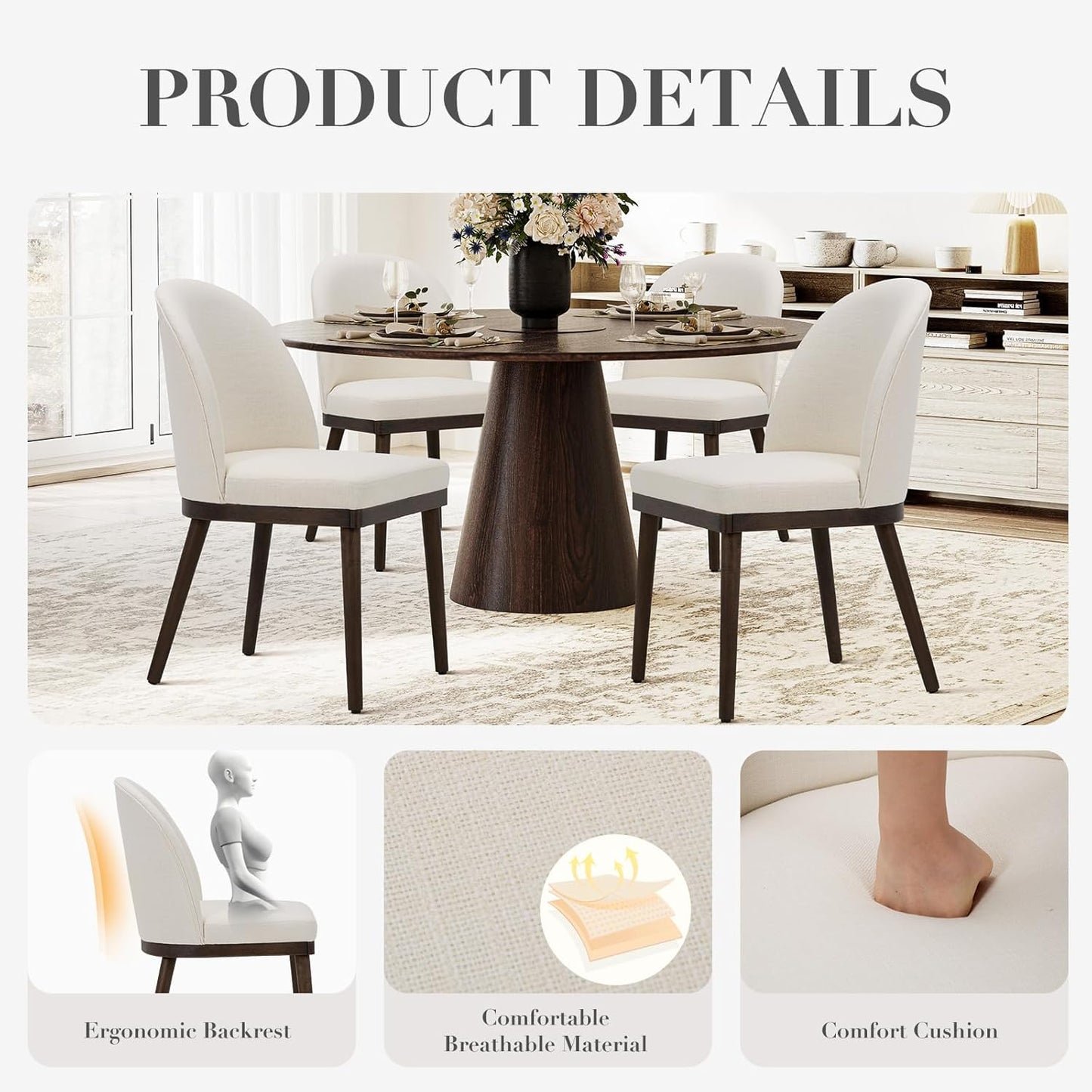 COLAMY Upholstered Dining Chairs Set of 6, Wooden Kitchen Chairs with Open Back, Modern Dining Room Chairs with Wood Frame, Dinner Side Chairs for Dining Room Kitchen Restaurant, Beige