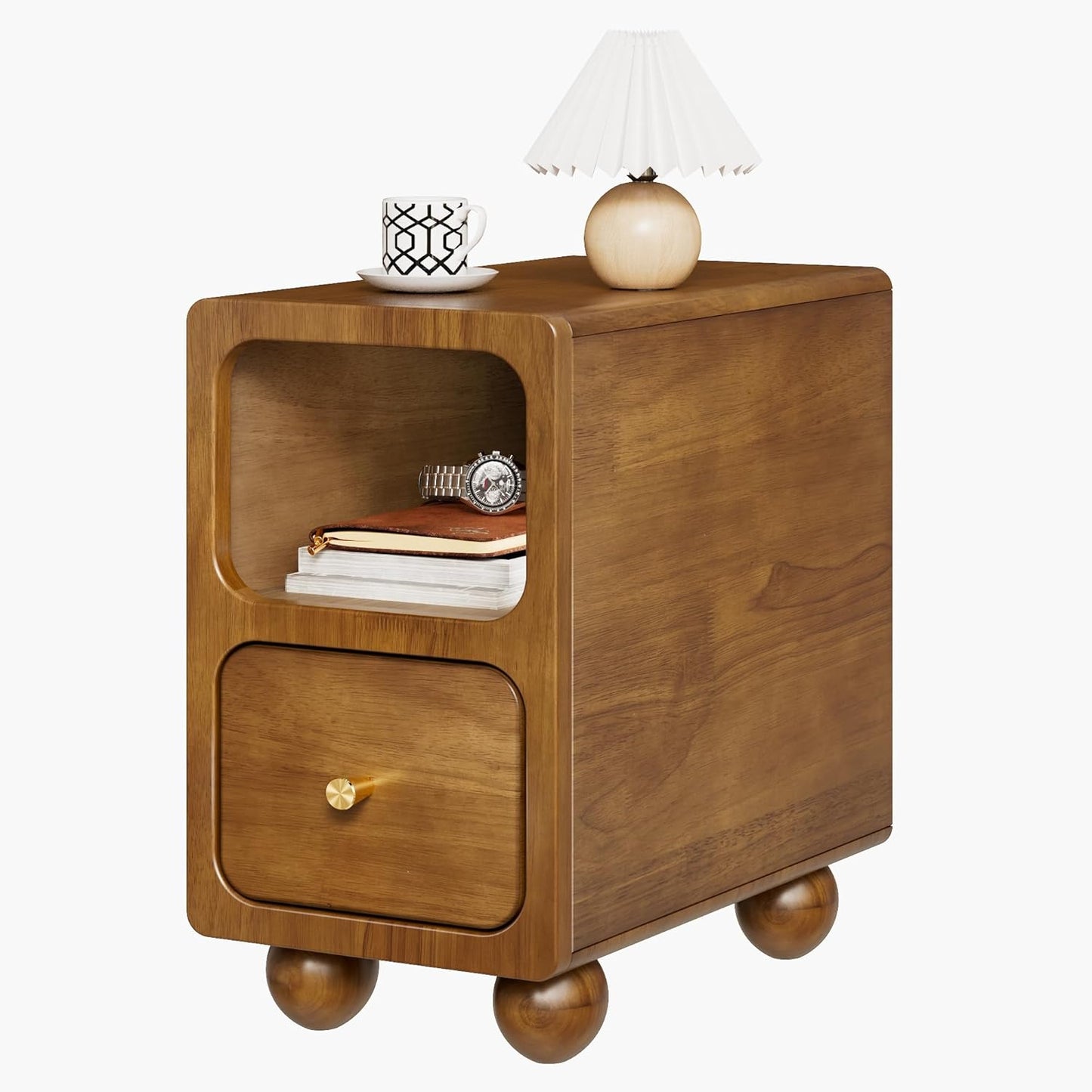 Solid Wood Nightstand, Narrow Night Stand with Drawers, Walnut Mid Century Modern Nightstand, Small Beside Table with Open Storage Shelf for Bedroom (10 inch)