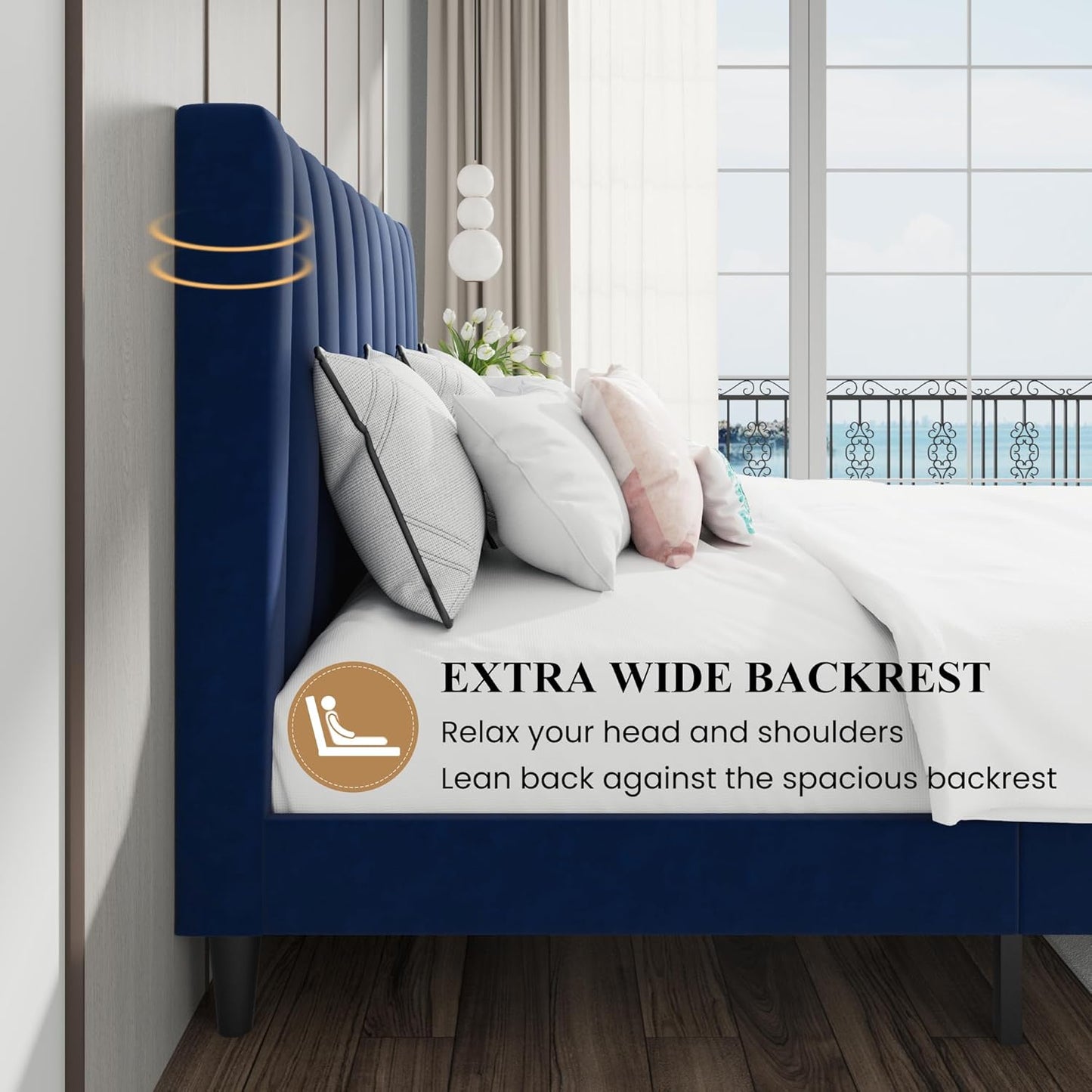 SHA CERLIN King Bed Frame/Velvet Upholstered Platform Bed Frame with Headboard/Strong Wood Slats Support/Mattress Foundation/No Box Spring Needed - Dark Blue