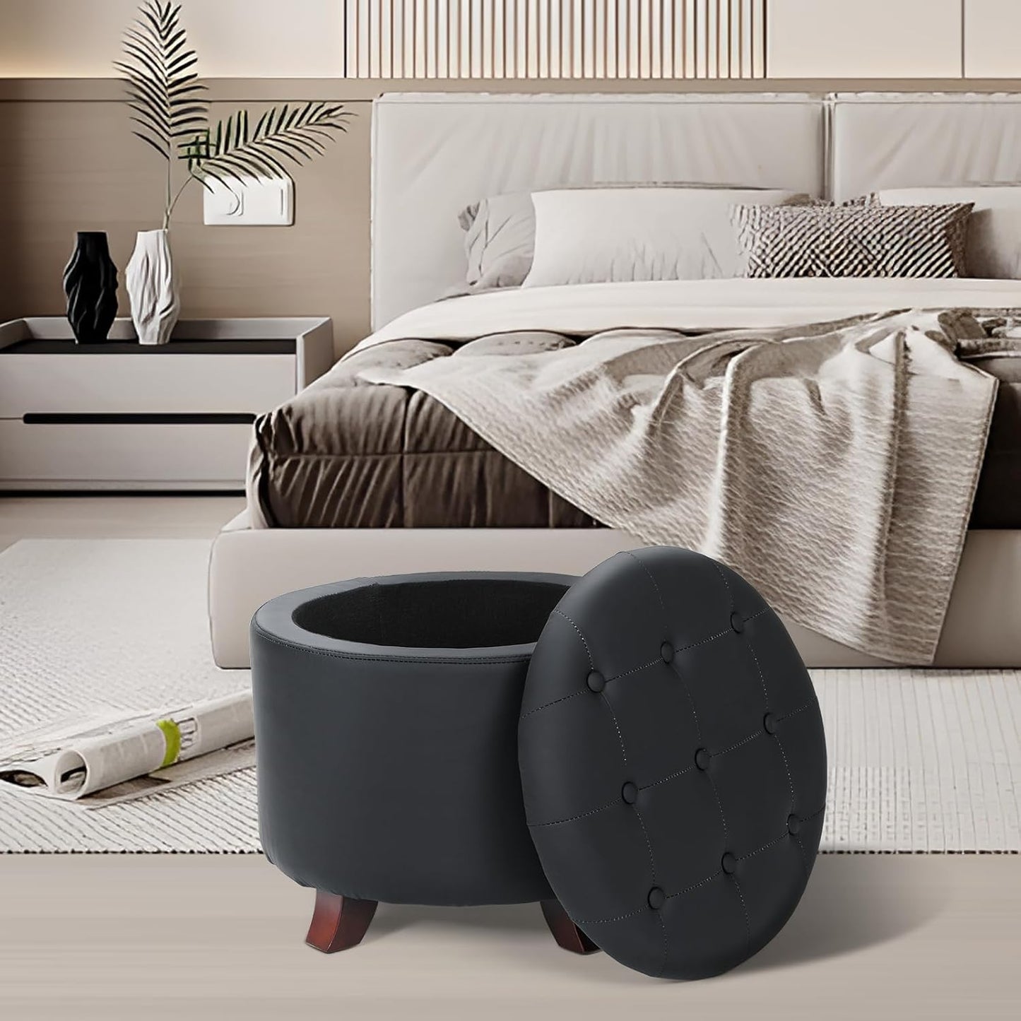 Athena Collection 20 Inch Small Ottoman with Storage, Round PU Leather Storage Ottoman with Removable Lid, Stylish Footstool Foot Rest for Living Room, Bedroom, Dorm, Black