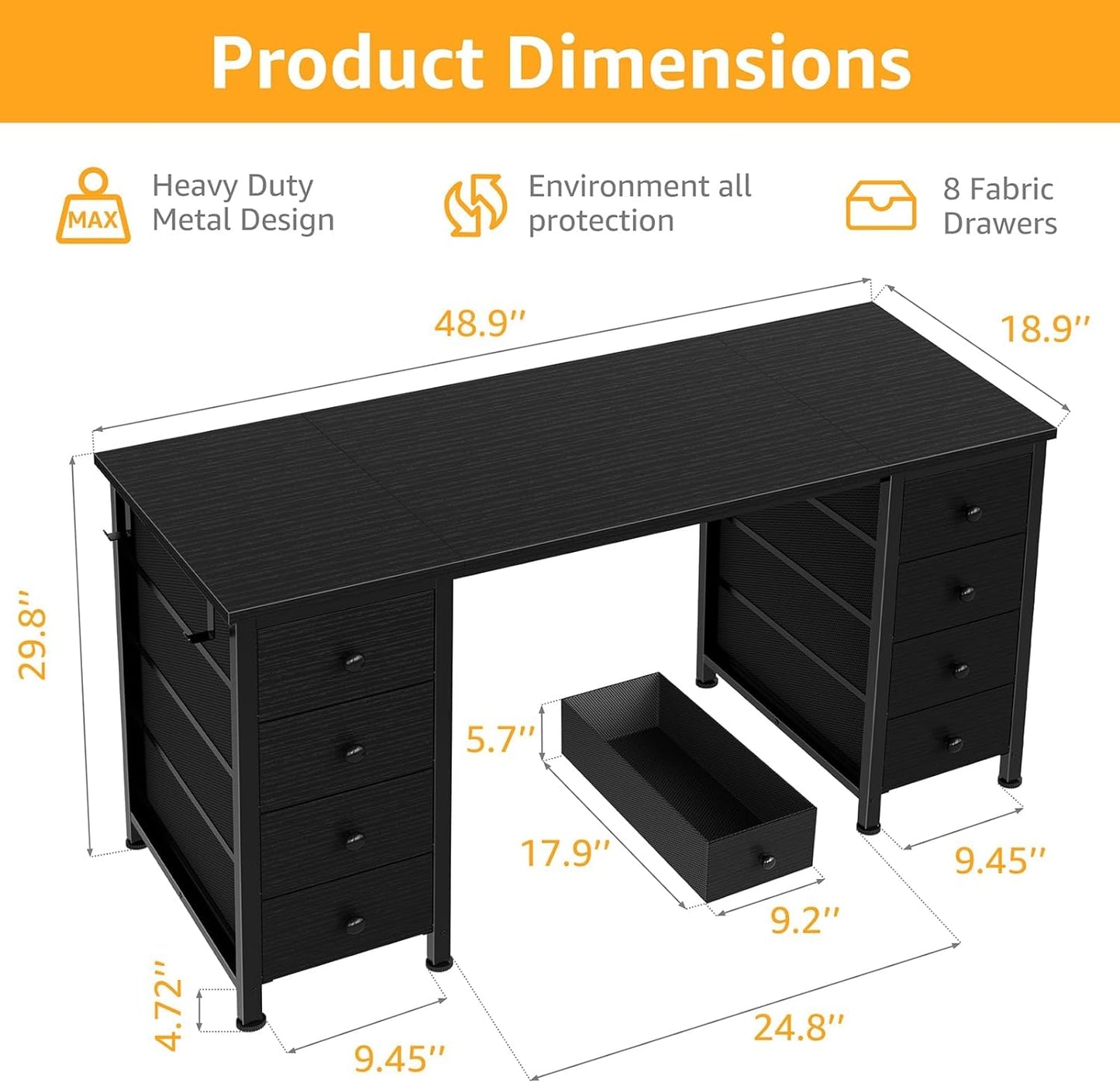 Black Desk with Fabric Drawers on Both Sides, 47 Inch Black Gaming Desk Home Office Computer Study Writing Work PC Desks with 8 Storage Fabric Drawers for Bedroom