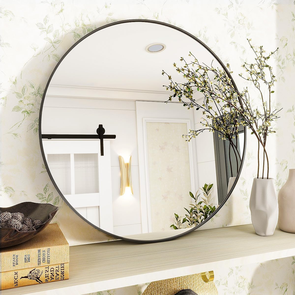 Black Round Bathroom Mirror, 20 inch Circle Wall Mounted Hanging Mirror with Simple Modern Circular Metal Frame for Hallway, Entryway, Living Room, Black Frame