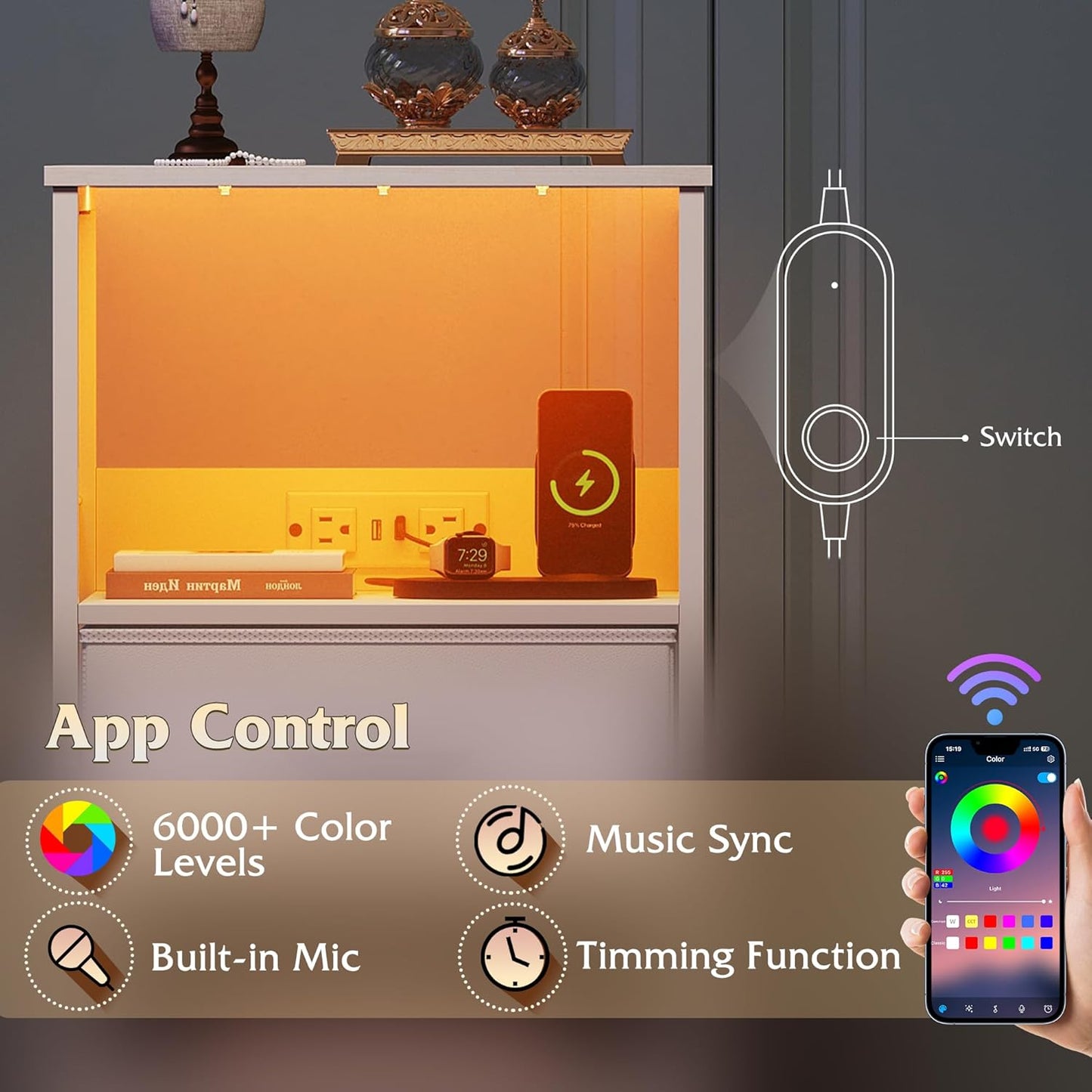 WLIVE White Night Stand with Charging Station, LED Nightstand with Adjustable Fabric Drawer, 3-Tier Storage Bedside Table, Small End Side Tables for Bedroom