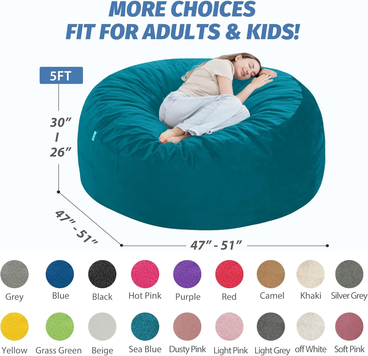 5FT Bean Bag Chair with Ultra Soft Velvet Cover Bean Bag Sofa with Memory Foam Bean Bag Chairs with Large Size Lazy Sofa for Dorm Office Living Room Bedroom Sea Blue 5'