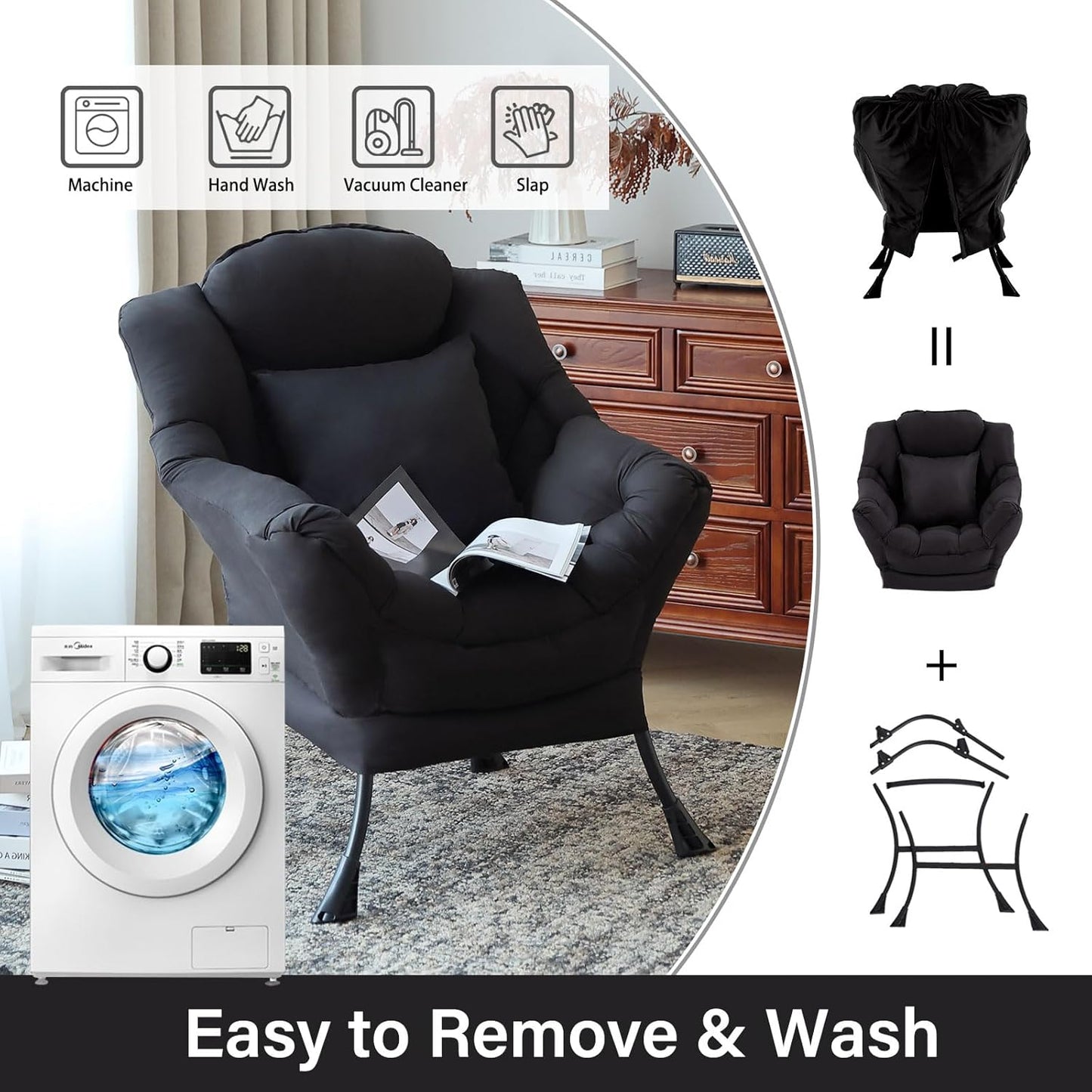 Lazy Chair with Pillow for Living Room, Modern Lounge Accent Chair with Armrests, Leisure Sofa Chair Set, Reading Chair for, Bedroom, Dorm Room, Office, Black