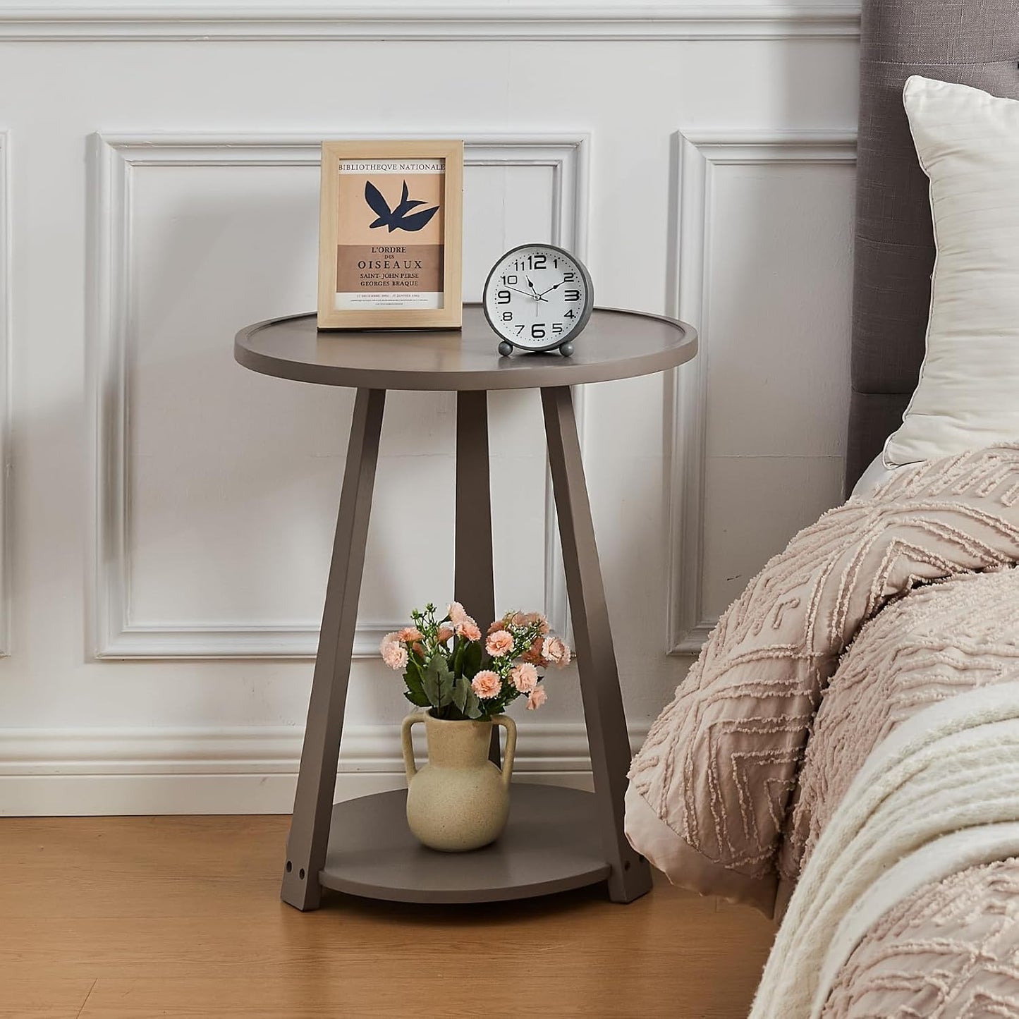 Uniclinens Wooden Small Round End Table, Narrow/Little Coffee/Sofa/Couch SideTable for Living Room Bedroom, Solid Wood Bedside Nightstand, Gray