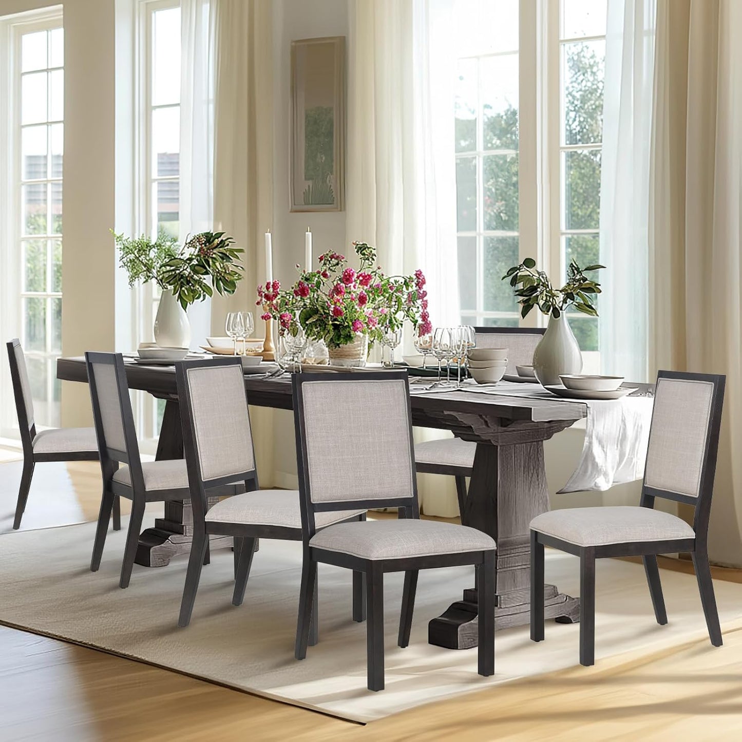 COLAMY Upholstered Wooden Dining Chairs Set of 6, Kitchen Chairs with Open Back, 19 Inch Mid Century Modern Dining Room Chairs, Farmhouse Dining Side Chairs for Dining Room Kitchen Restaurant, Brown