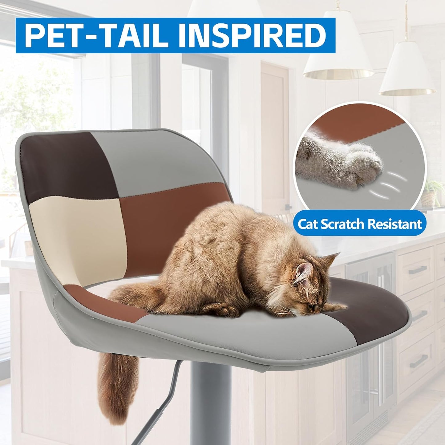 YOUNIKE Bar Stools Set of 2, Boho Colorful Patchwork Faux Leather Barstools, Adjustable Swivel Counter Height Bar Stool Upholstered Counter Stools with Hollow Back for Kitchen Island, GreyBeige