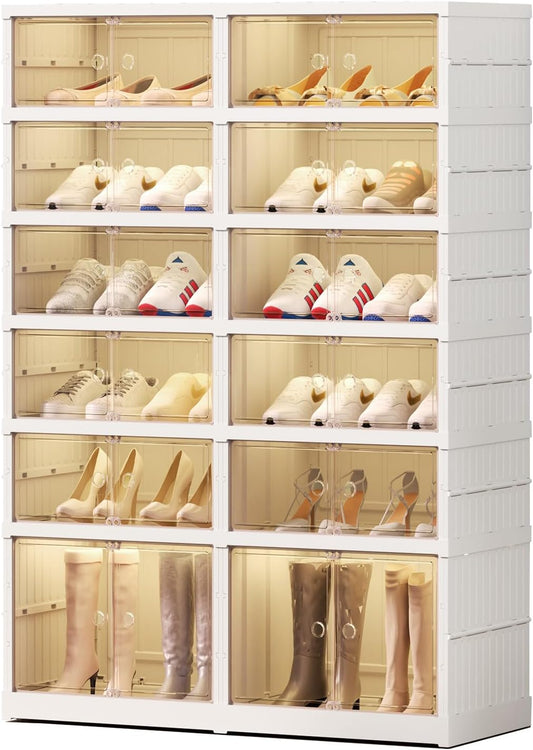 6 Tier Foldable Shoe Rack Organizer for Closet 12-24Pairs Plastic Collapsible Shoe Shelf for front door entrance Stackable Clear Folding Shoes Storage Boxes XLarge Shoe Cabinet
