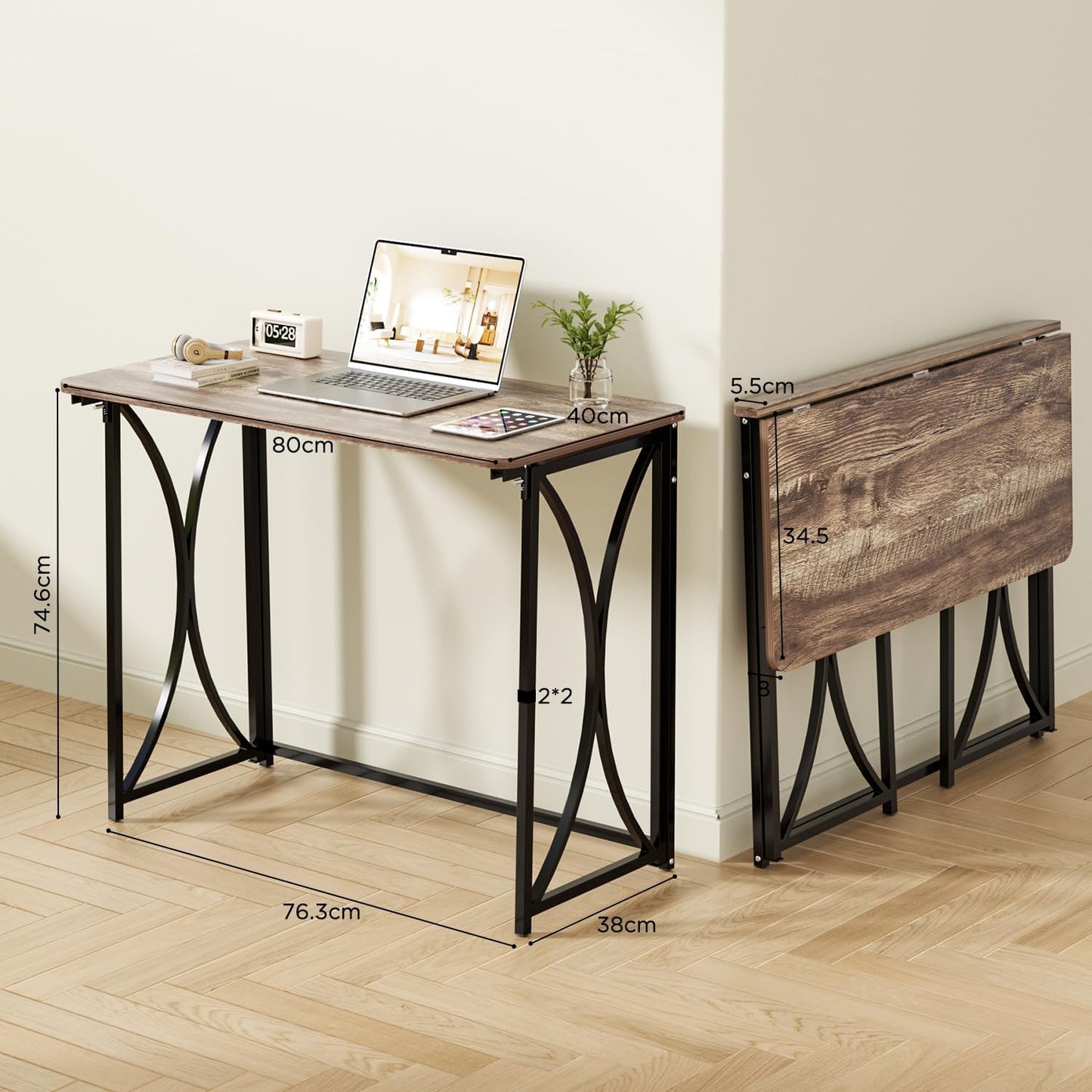 Small Desk, 31.5" Folding Table for Bedroom, Space Saving Folding Computer Desk for Home Office, Easy Assembly, Light Brown