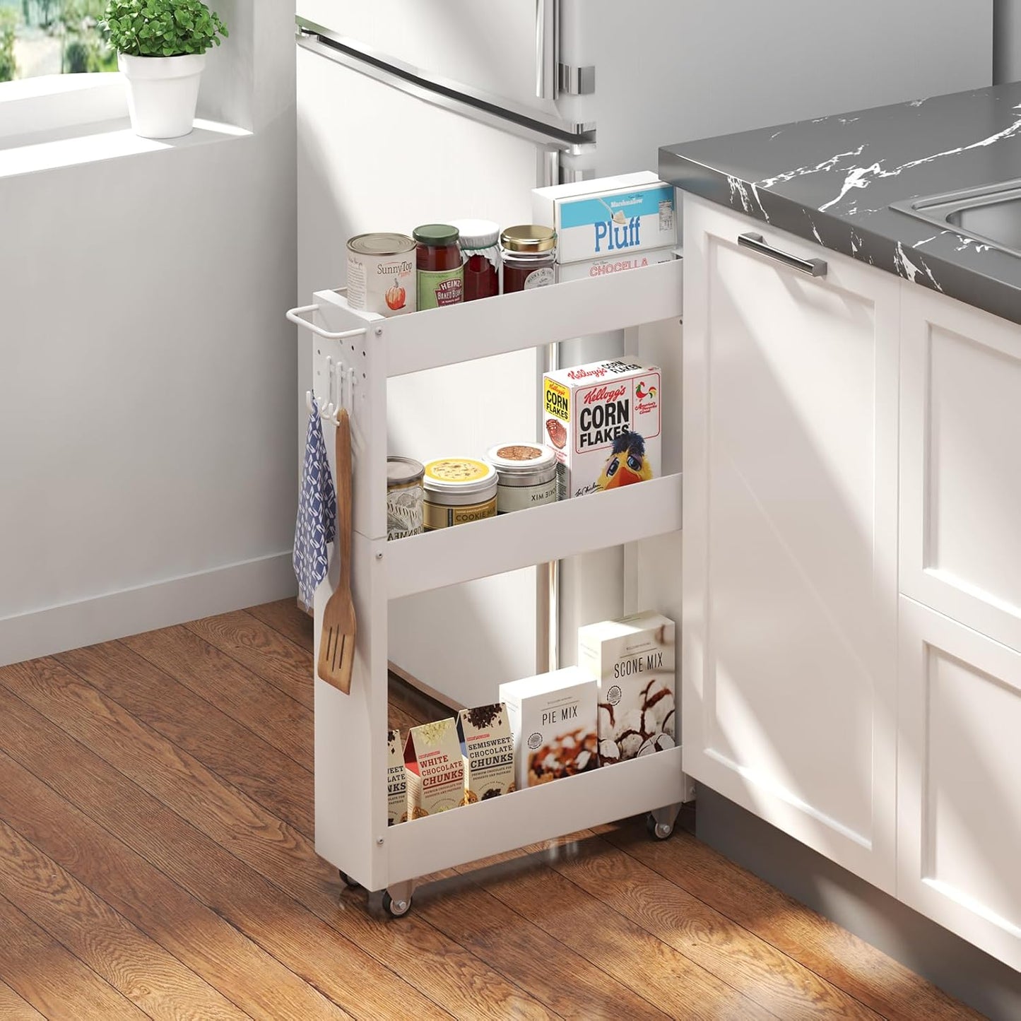 Slim Storage Cart, 5 in Width, 3-Tier White Rolling Cart with Handle for Kitchen Bathroom Laundry Narrow Places