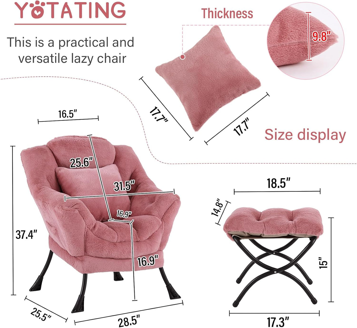 Lazy Chair with Ottoman, Comfy Reading Lounge Chair with Footstool & Throw Pillow Modern with Armrests & Side Pocket for Living Room, Bedroom, Dorm Room, Plush Dark Pink