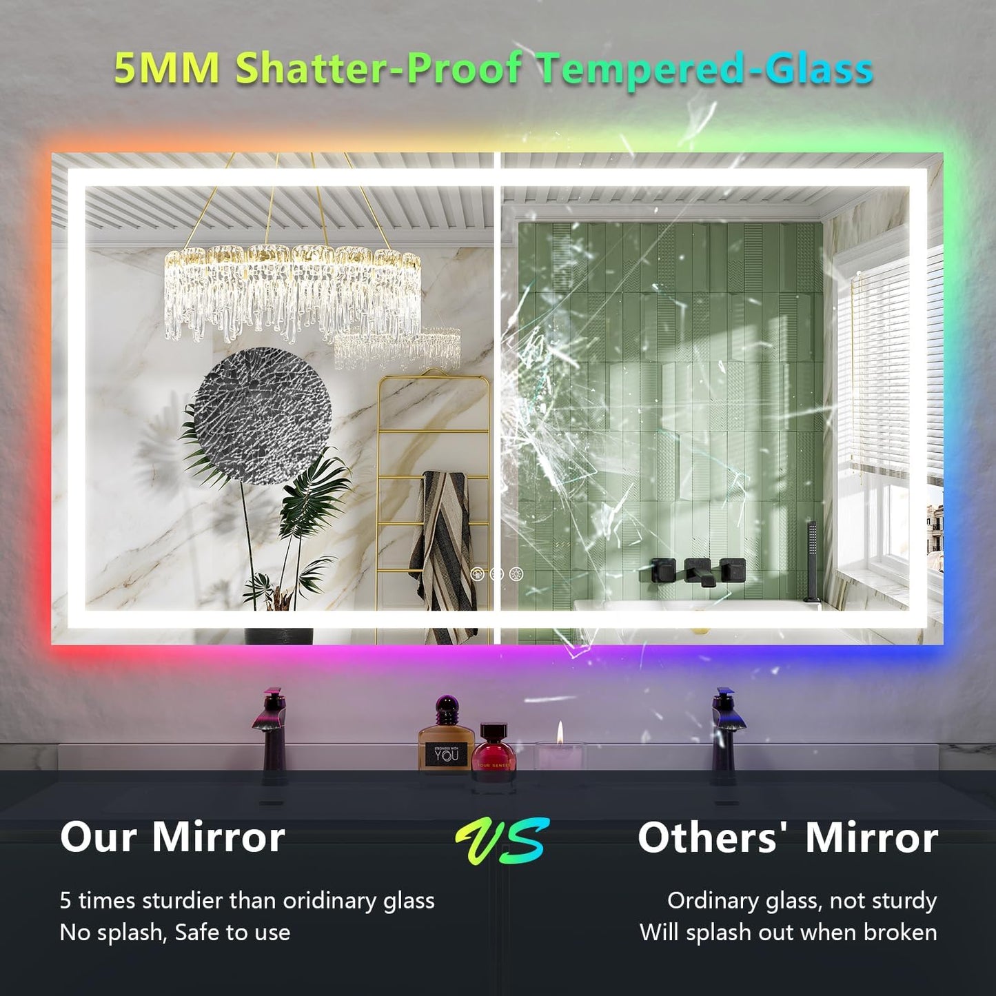 80x40 Inch RGB LED Bathroom Mirror Front Light and RGB Backlit Lighted Vanity Mirror for Bathroom Wall Mounted Dimmable Anti Fog Memory Shatter-Proof IP54 Waterproof Horizontal/Vertical