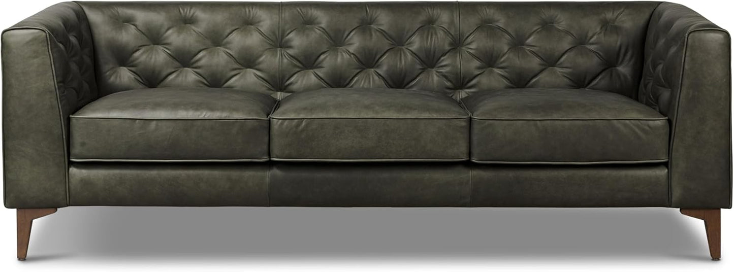 POLY & BARK Essex Leather Couch - 89-Inch Sofa with Tufted Back - Full-Grain Leather Sofa for Living Room with Feather-Down Topper - Living Room Couch - Vintage Italian Leather in Olivine Green