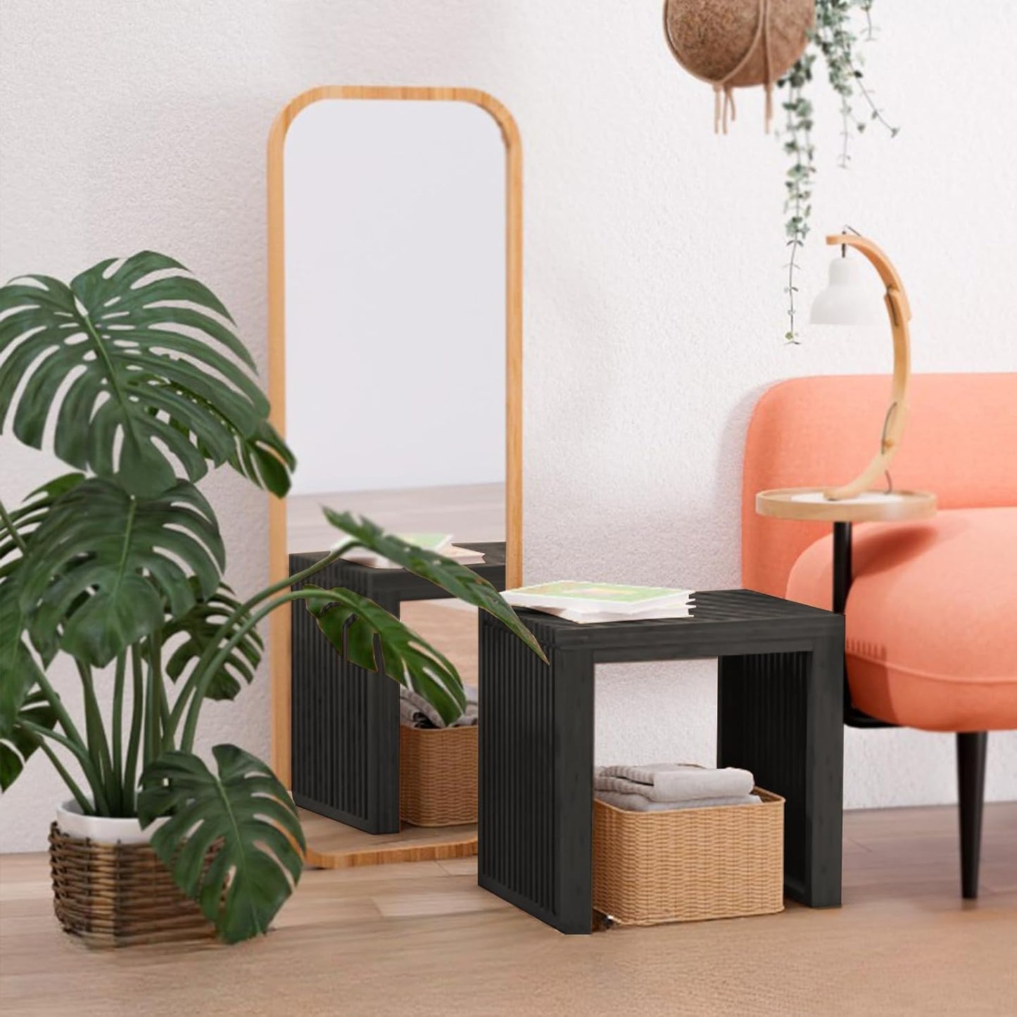 Bamboo Dining Bench Indoor Small Benches Entryway Shoe Rack Benchs,Outdoor Modern Wood Benches 17 Inch Bamboo Bench for Living Room Hallway Bedroom Bathroom Black Small