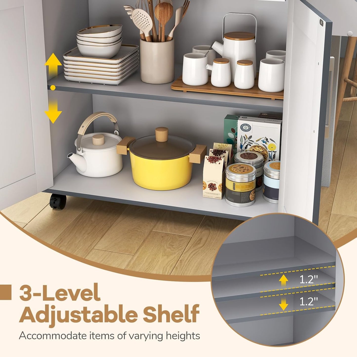 COSTWAY Kitchen Island On Wheels, Rolling Storage Trolley Cart with Large Cabinet, Drawer, Spice Rack and Towel Rack, Kitchen Serving Utility, 3-Position Adjustable Shelf (Grey)