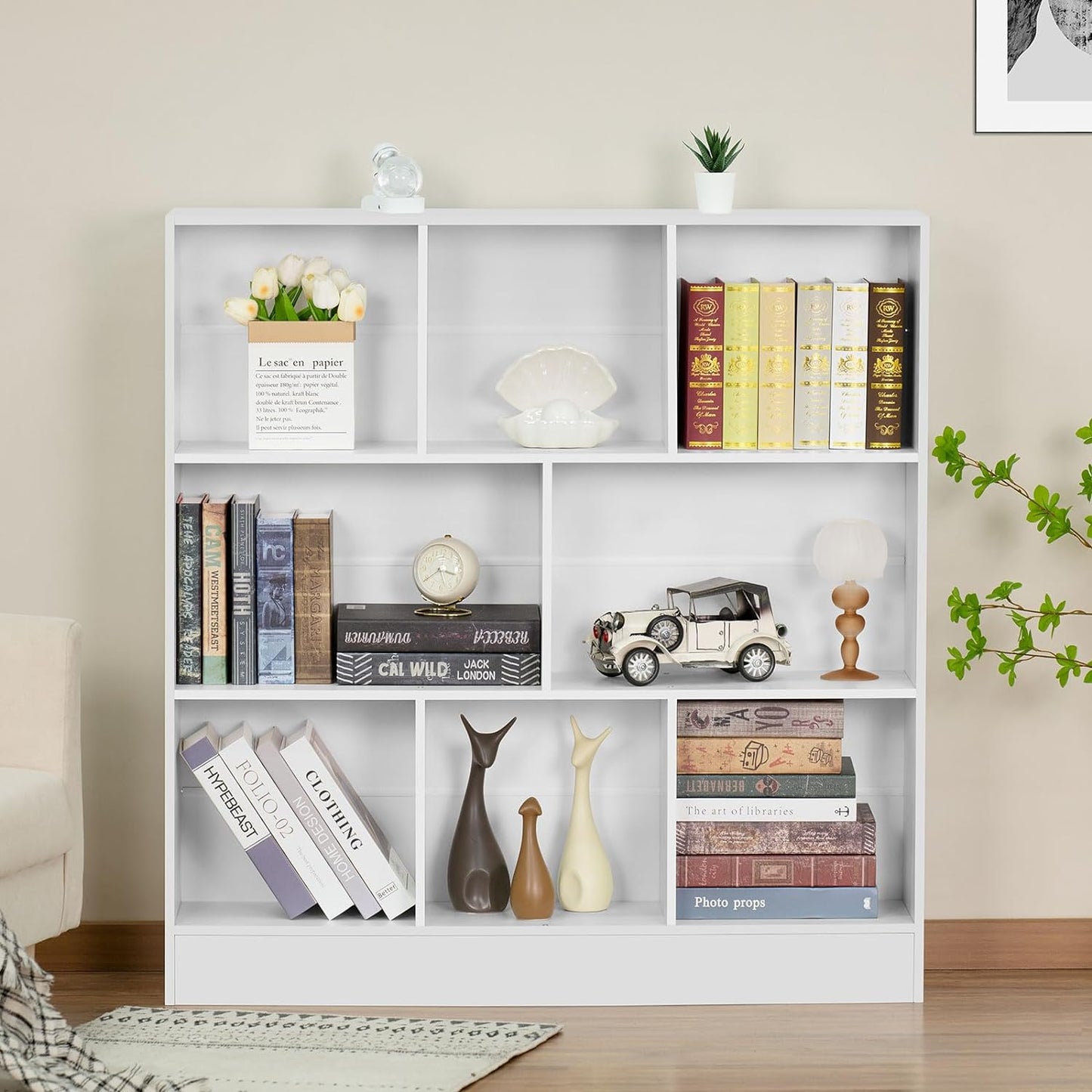 YAHARBO White 3 Tier Bookshelf,Wide Modern Horizontal Bookcase,Wood Low Book Shelf,Wide Display Storage Cabinet with Base,Floor Standing 8 Cube Large Bookcases Organizer for Bedroom,Living Room,Office