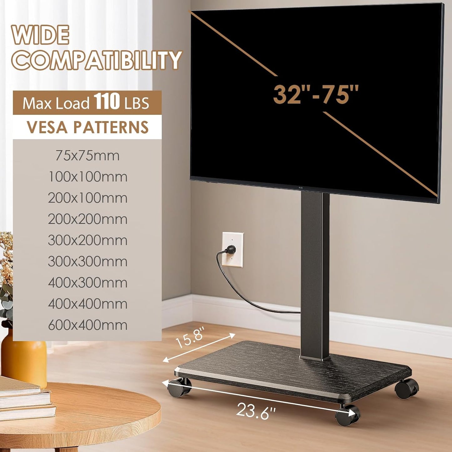 Rolling TV Stand with Power Outlet, Swivel Mobile Portable TV Cart for 32-75 Inch TVs up to 110 lbs, Landscape to Portrait, Height Adjustable Outdoor TV Stand with Wheels, Max VESA 600x400mm