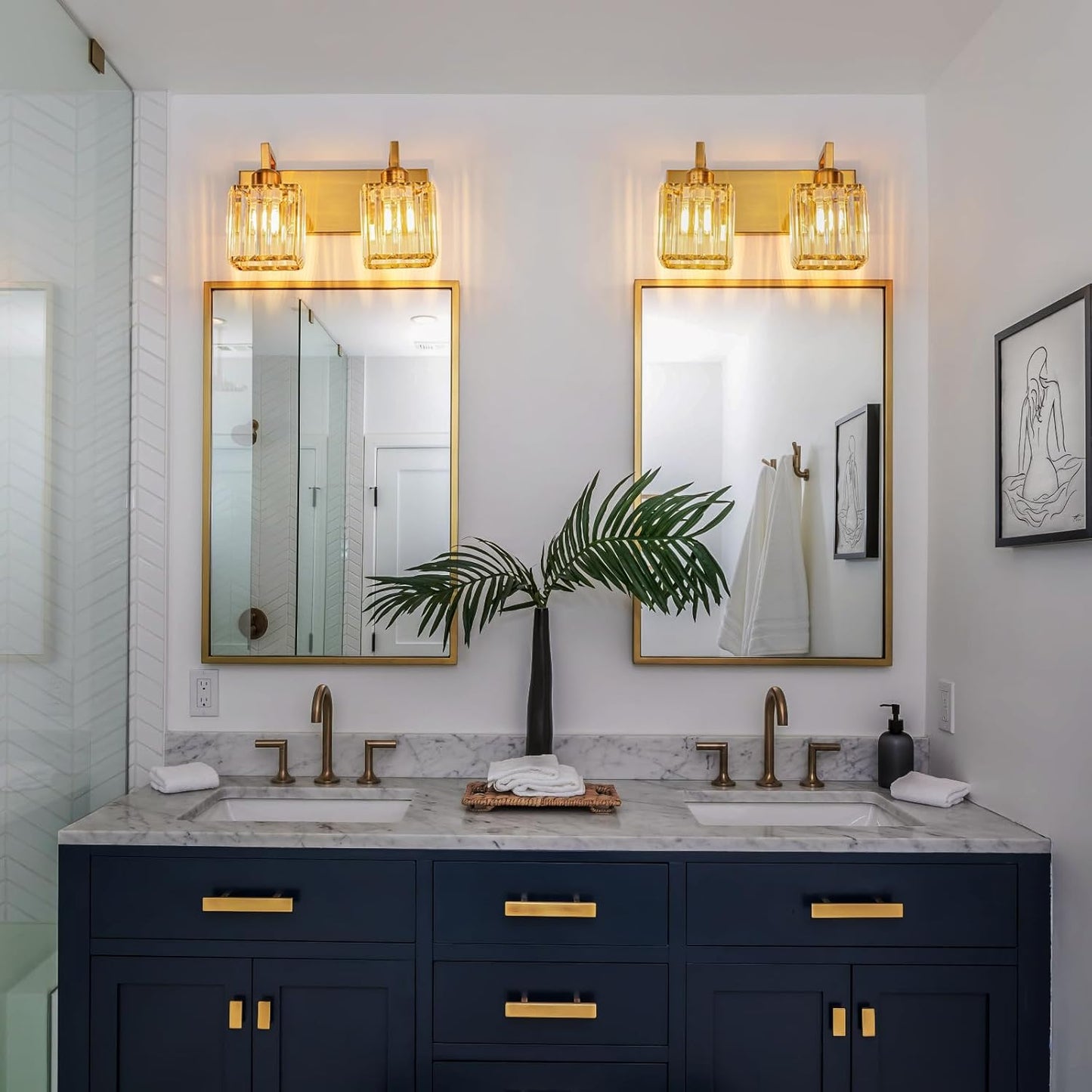 Modern Bathroom Vanity Light 2-Lights Gold Crystal Wall Lamp Bathroom Modern Crystal Vanity Lighting