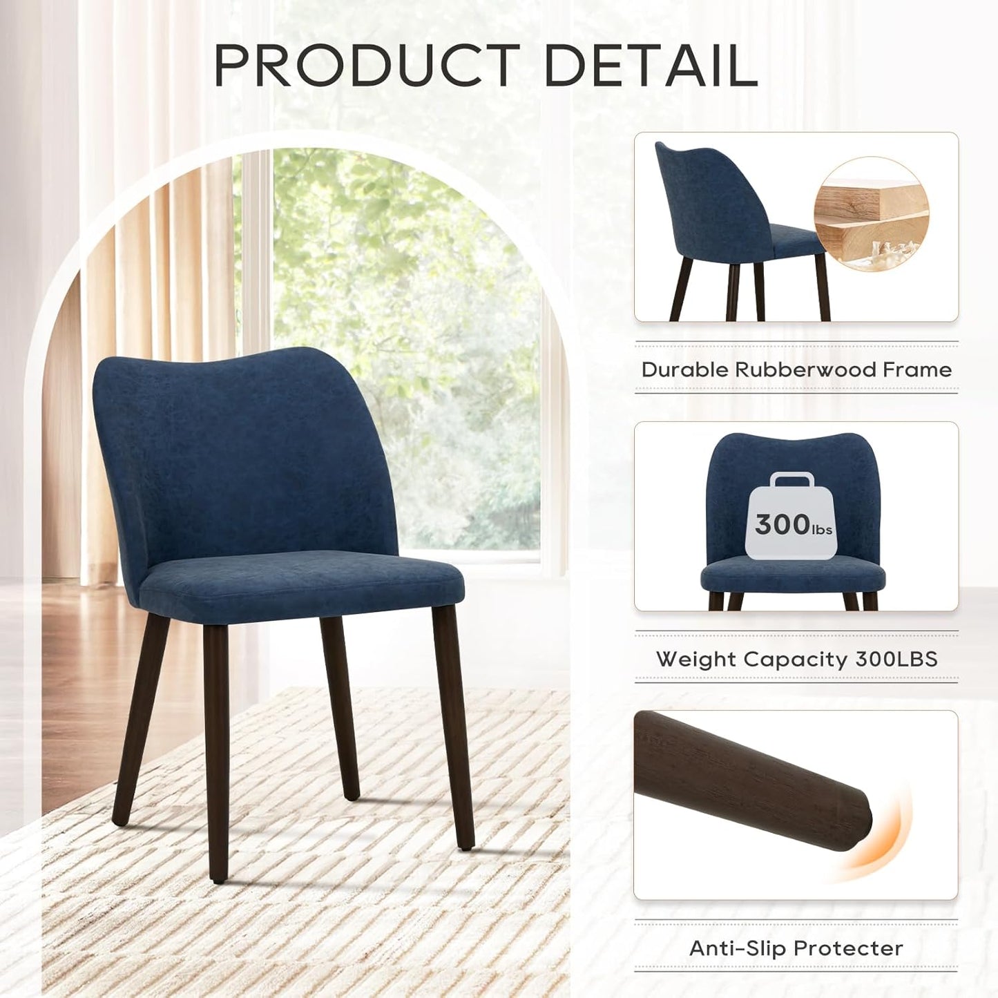 COLAMY Upholstered Dining Chairs Set of 4, Modern PU Leather Dining Room Kitchen Side Chair with Padded Seat and Wood Legs Restaurant/Cafe, Blue