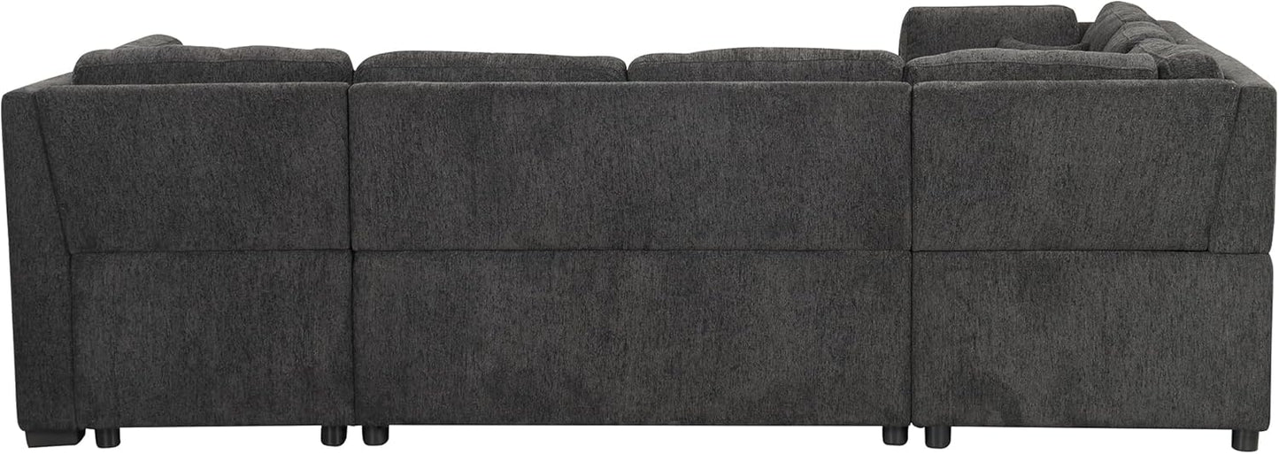 Ball & Cast 108.6" Sleeper Sectional Pull Out Sofa with 2 USB Ports,Two Power Sockets,Versatile U-Shape Couch w/ 3 Back Pillows and Storage Chaise,for Living Room,Office,Apartment,Black