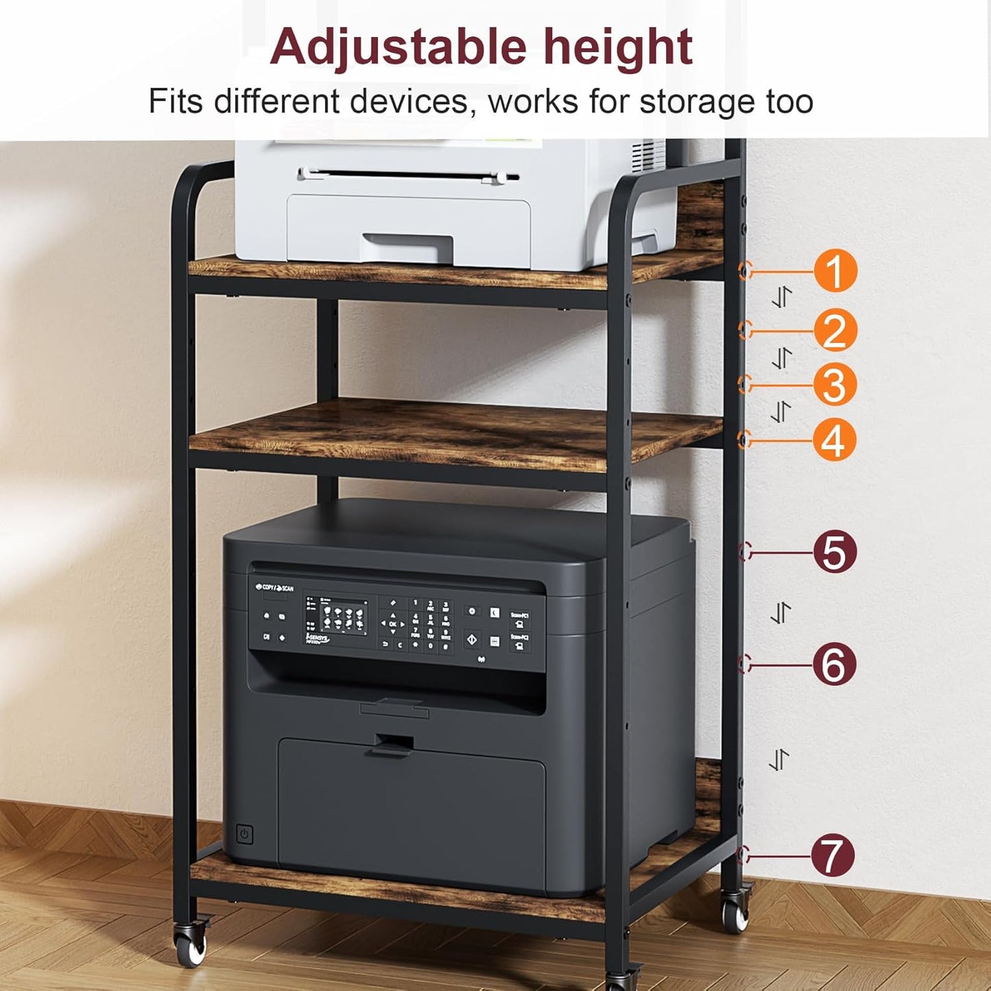 4 Tier Printer Stand with Storage Shelf, Large Tall Printer Table for Home Office, Movable Printer Cart with Industrial Wheels for Paper Shredder Scanner Fax Heat Press Small Space (Rustic Brown)