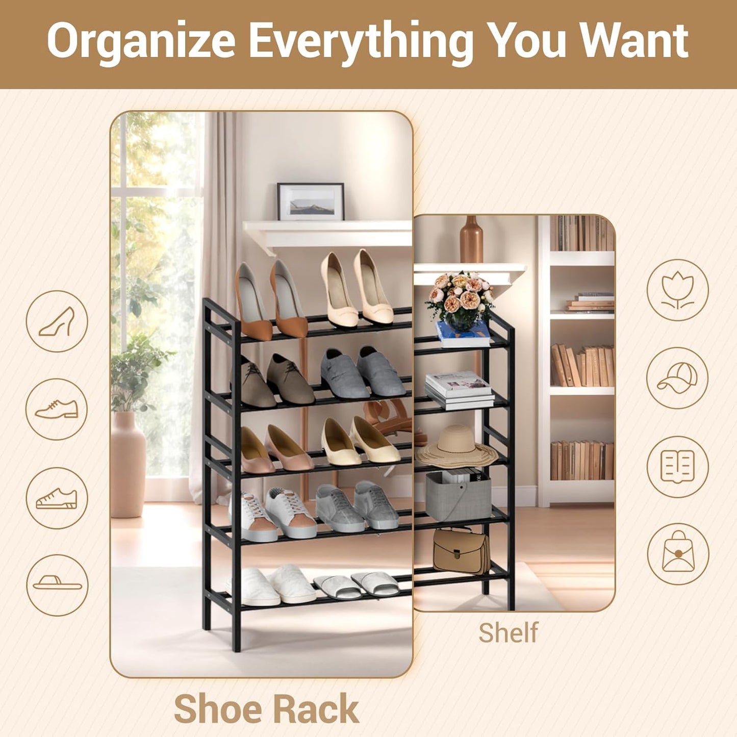 Haddockway Bamboo Shoe Rack for Closet, Free Standing Shoe Organizer with Smooth Round Rods & Convenient Handles, Stackable Shoe Storage Shelf for Entryway, Hallway(Black, 5-Tier)