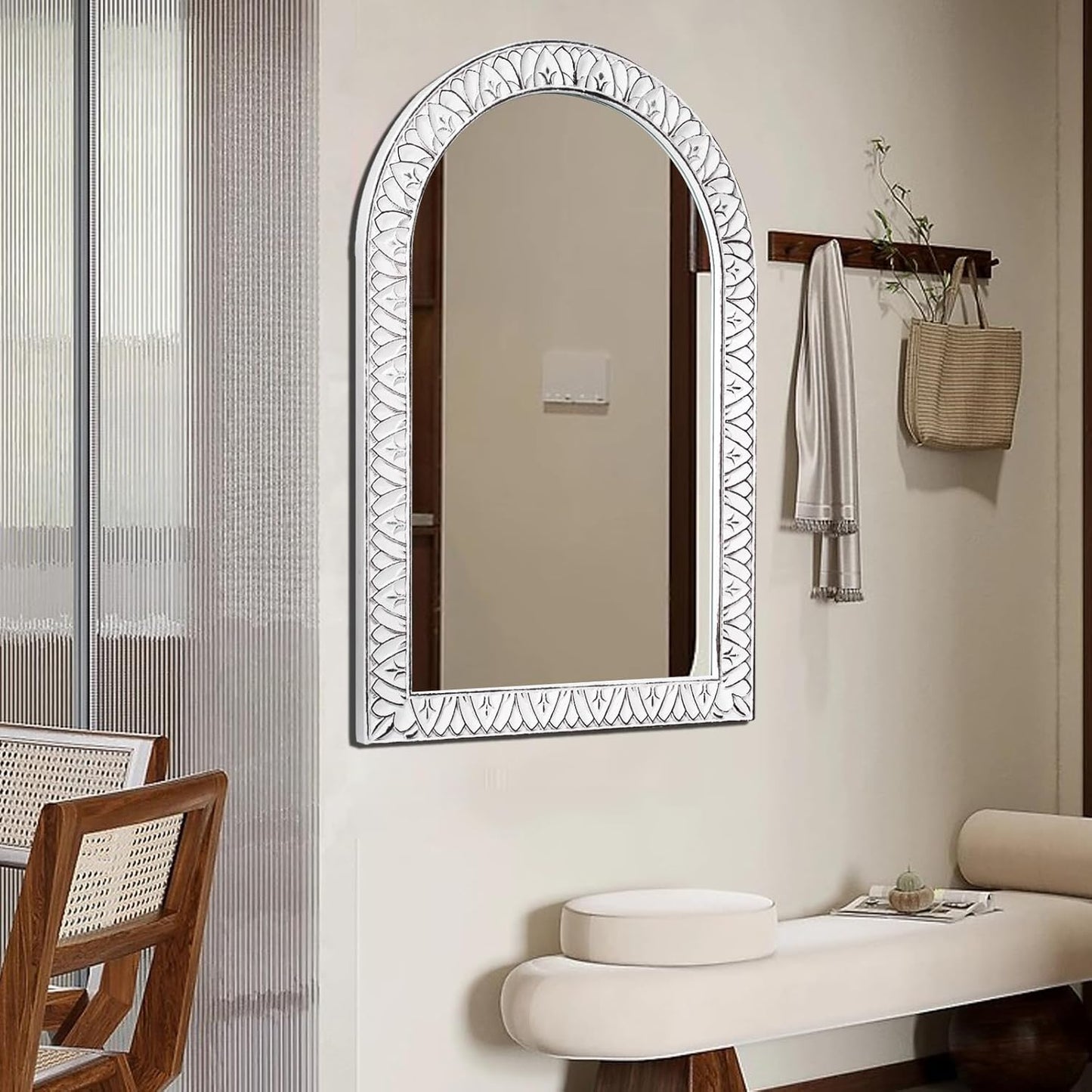 36x24 Inch Arched Wall Mirror with Wooden Frame, Rustic Farmhouse Decorative Arch Mirrors for Bathroom, Bedroom, Living Room, Entryway & Kitchen