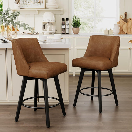 Vipbear Swivel Counter Height Bar Stools Set of 2,26.8" H Counter Stools with Back, Mid Century Modern Bar Stools for Kitchen Island,Faux Leather,Wooden Base, Brown