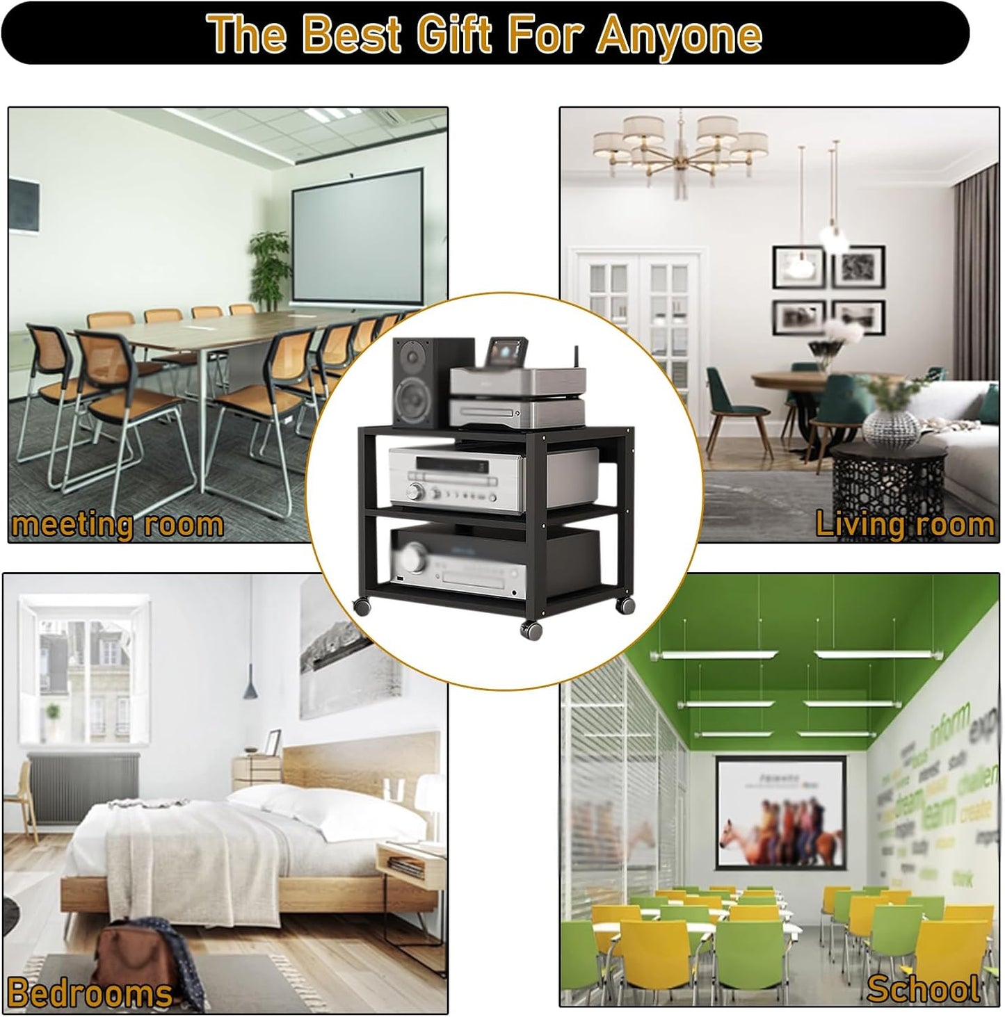 3 Tier Audio Rack Tower, CD Record Player Stereo Receiver AV Equipment Cabinet Display Rack, Weight Capacity 220 lbs, with Adjustable Wooden Shelves for Home (Black, 3tier)