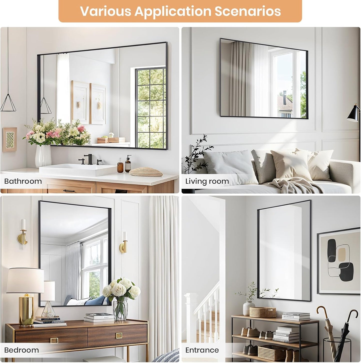 Melodieux Wall Vanity Bathroom Mirror for Over Sink, 30"x48" Rounded Rectangle Metal Deep Frame Wall Mounted Mirror Wall Decor for Living Room Hallway, Black