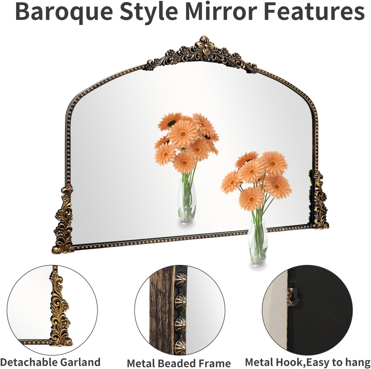 Vintage Arched Mirror, 40"x 30"Antique Baroque Mirror Style Metal Beaded Frame for Entryway Hallway Living Room,Vintage Black