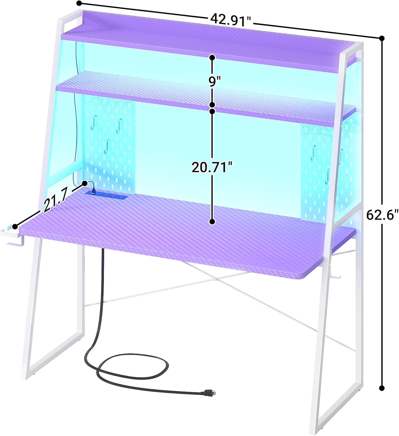 Gaming Desk with Hutch and LED Lights, Gaming Computer Desk with Power Outlets, Gamer Desk with Storage Shelves & Pegboards for Bedroom, Carbon Fiber Purple, 43"