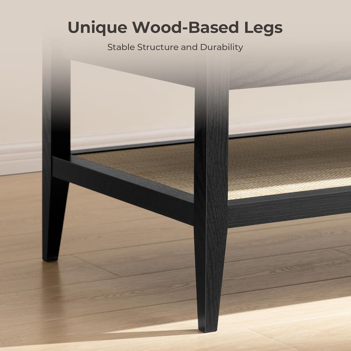 SICOTAS Rectangle Coffee Table for Living Room, Farmhouse Boho Center Table with 2-Tier Rattan Storage Shelves, Sofa Side Accent Table for Small Space, Black Oak