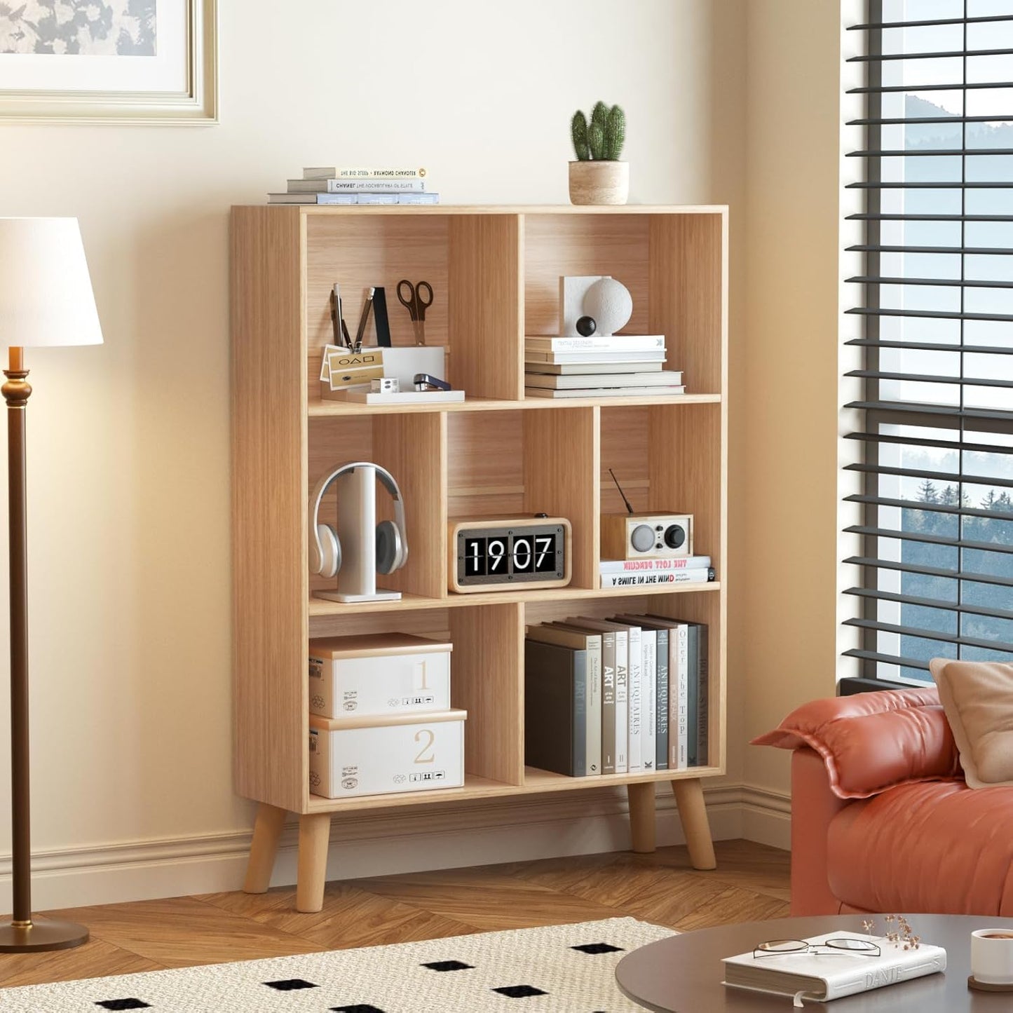 LEYAOYAO 7 Cube Bookshelf, 3 Tier Modern Bookcase with Legs, Mid-Century Modern Wood Book Shelves Storage, Boho Natural Book Case, Freestanding Organizer Display Shelf for Bedroom,Living Room,Office