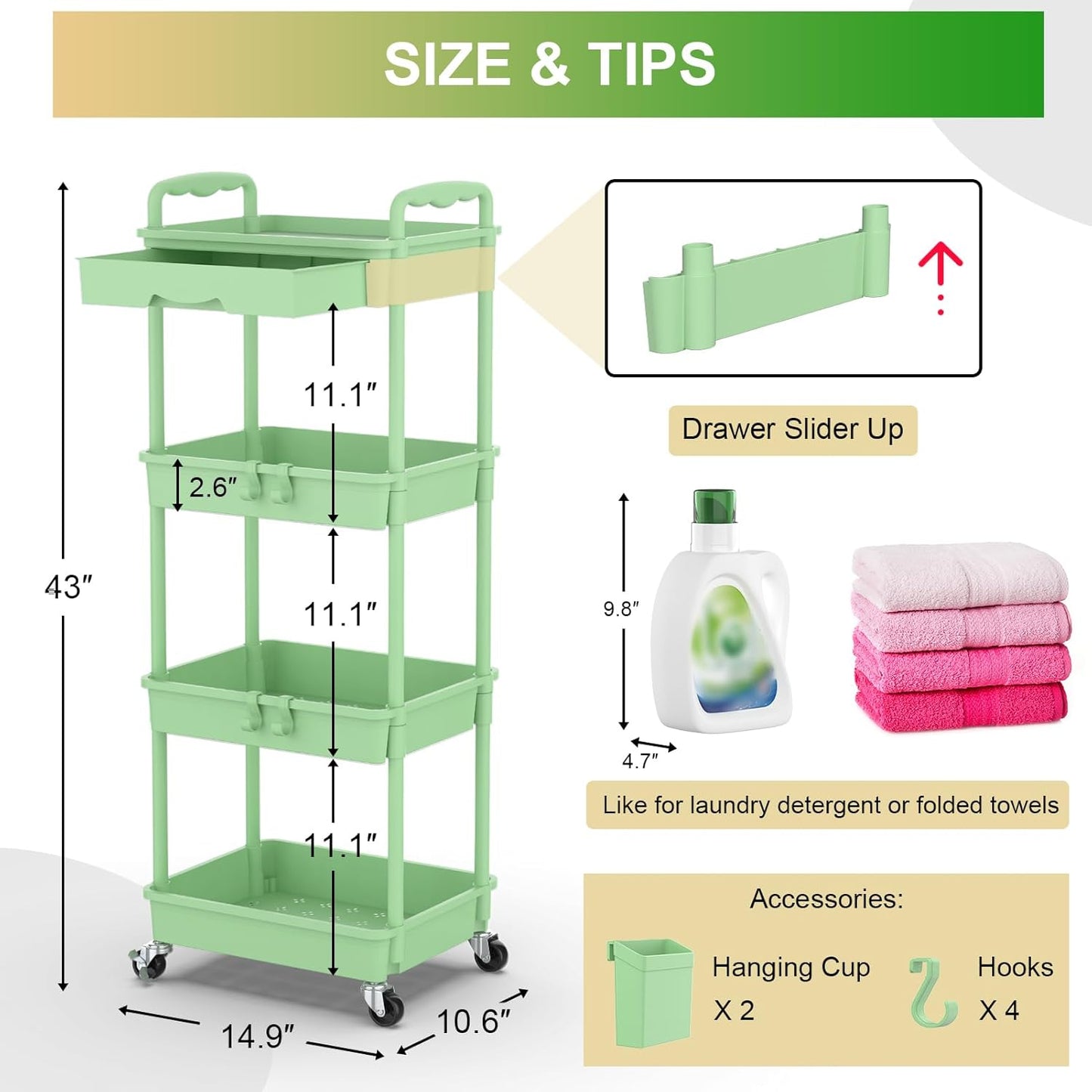 Goovilla 4 Tier Rolling Utility Cart Organizer with Removable Drawer, Stable and Sturdy Green Rolling Storage Carts with 2 Lockable Wheels for Bathroom, Kitchen, Snack, Craft, Makeup, Baby Essentials