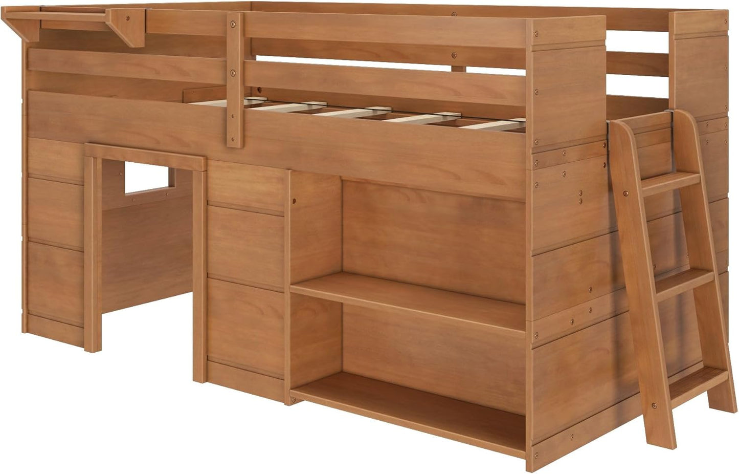 Max & Lily Modern Farmhouse Twin Low Loft Bed with Bookcase - Solid Wood, 15” Guardrails, 400-lb Capacity, Low-VOC Finish, Farmhouse Pecan