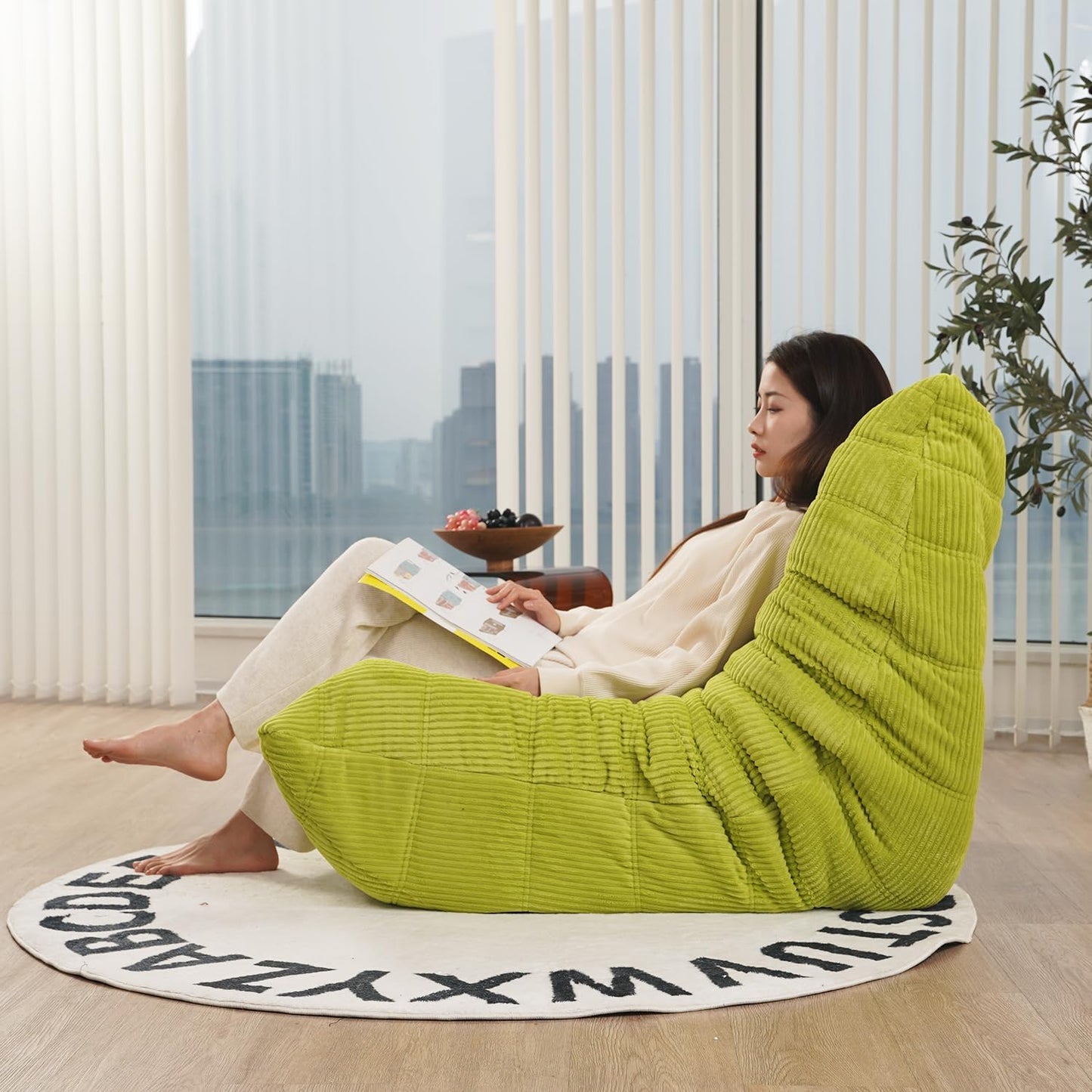 N&V Fireside Chair, Mid Century Armless Floor Sofa, Soft Premium Corduroy Floor Lounge Chair, Foam Sofa Accent Chair for Living Room Bedroom and Office, Lime