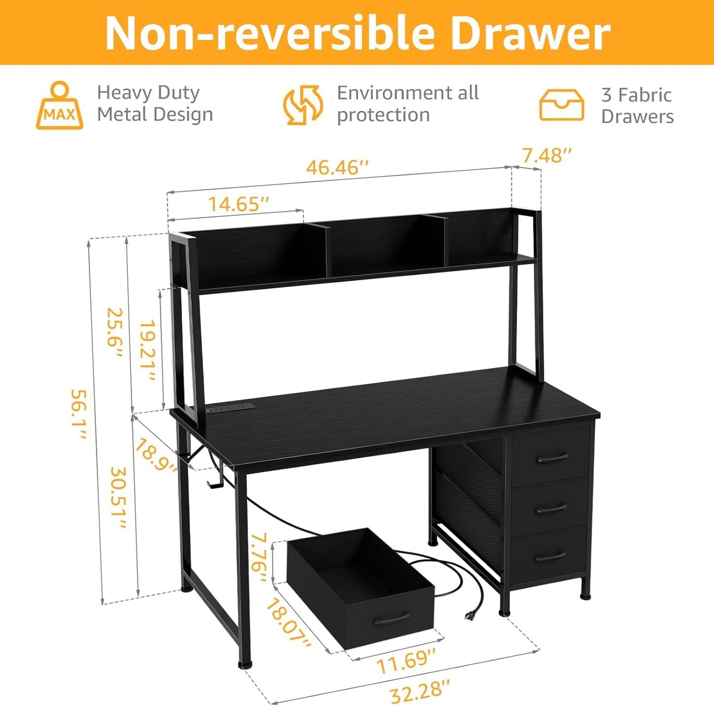 Black Computer Desk with Hutch & Drawers - Office Desk with 3 Storage Drawers and Power Outlets, 47 Inch Modern Study Writing Desk for Bedroom Home Office